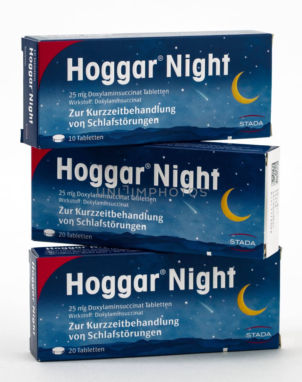 HUETTENBERG, GERMANY,19 JULY 2018: Hoggar Night Sleeping Pills on white background.