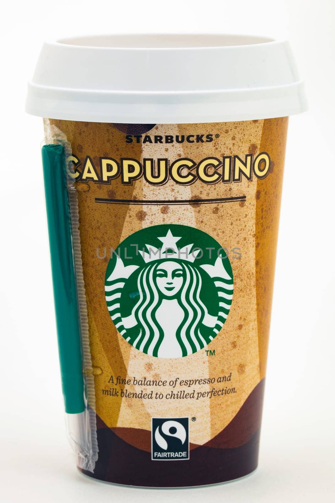 HUETTENBERG ,GERMANY,19 JULY 2018: A Cup of Starbucks beverage Cappuccino on white background