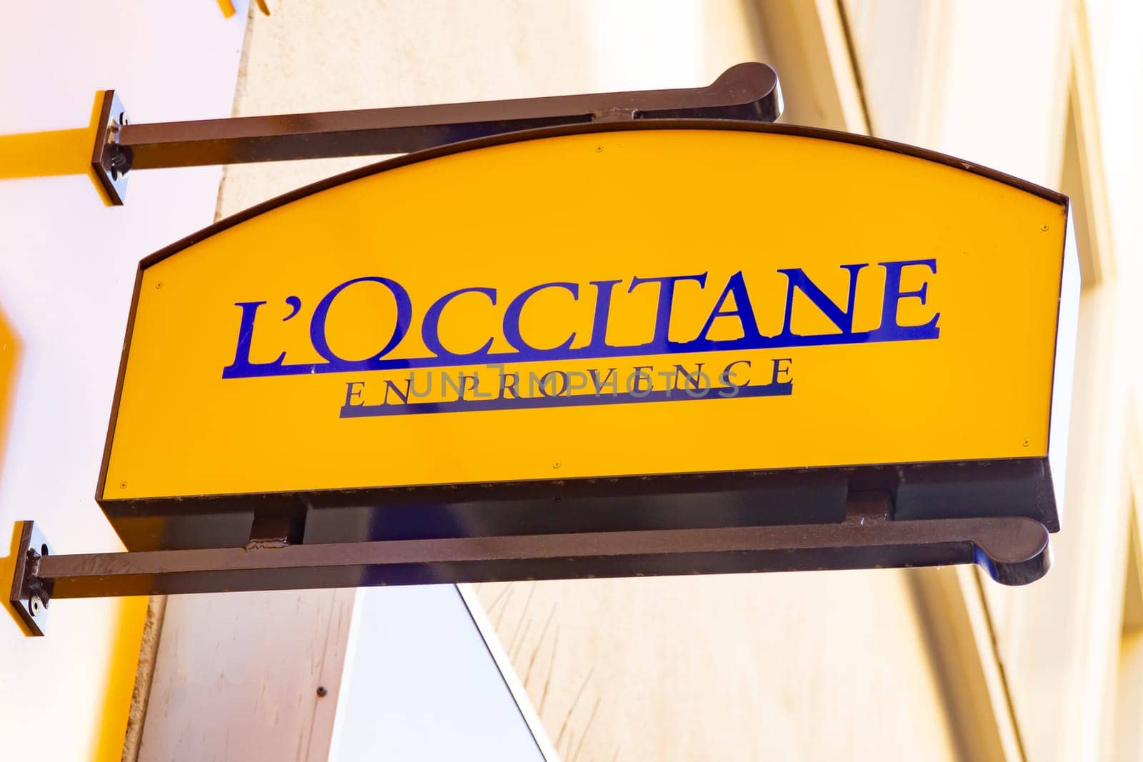 Wiesbaden, Germany - June 03 2018: L'OCCITANE logo on a facade. L'occitane en Provence is an international retailer of body, face, fragrances and home products