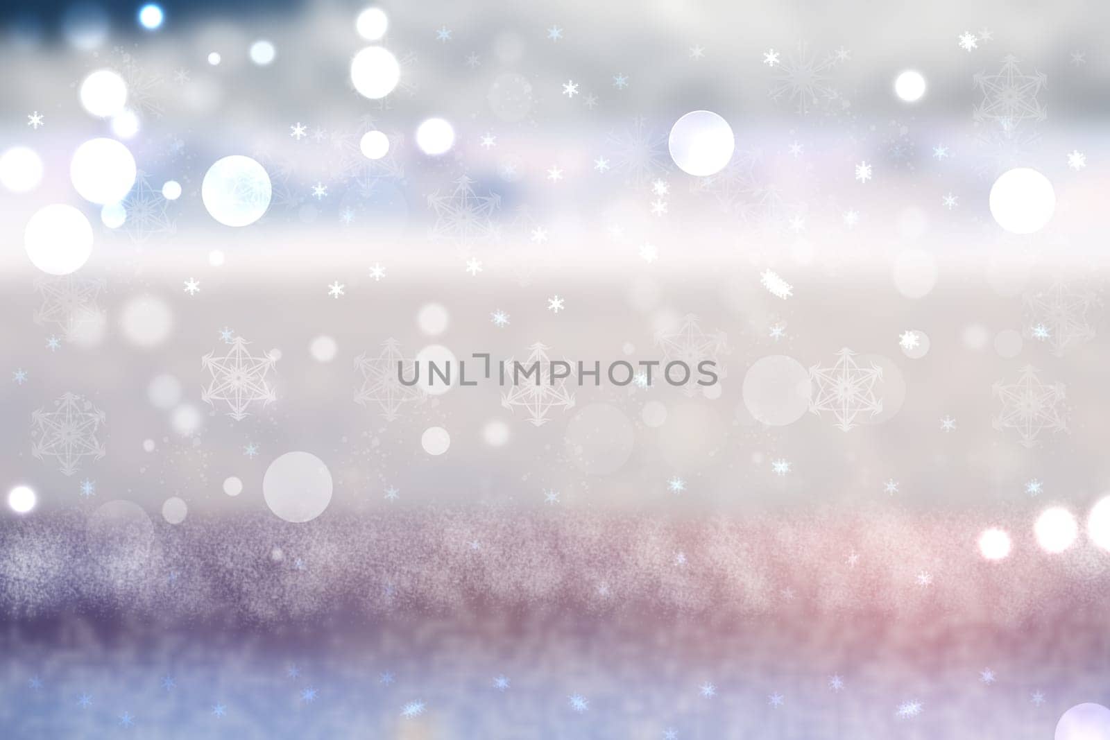 Abstract blurred festive winter christmas or Happy New Year background with shiny white bokeh lighted snow landscape. Space for your design. Card concept.