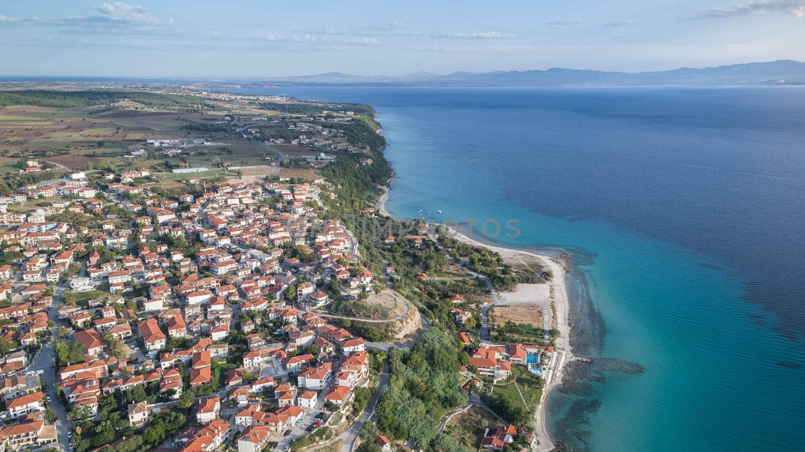 Afytos village. Kassandra of Halkidiki peninsula, Greece. Aerial view.