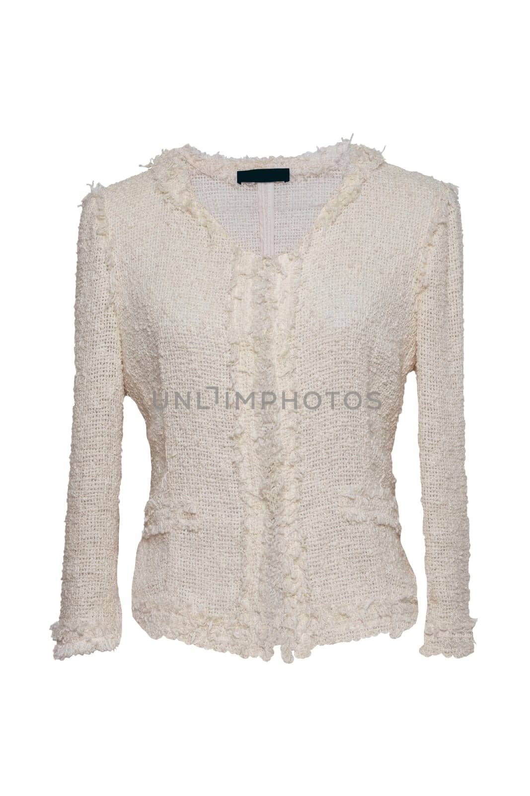 Woman clothes sweater on white. Female beige luxurious knitted wool coat sweater of front site isolated on a white background.