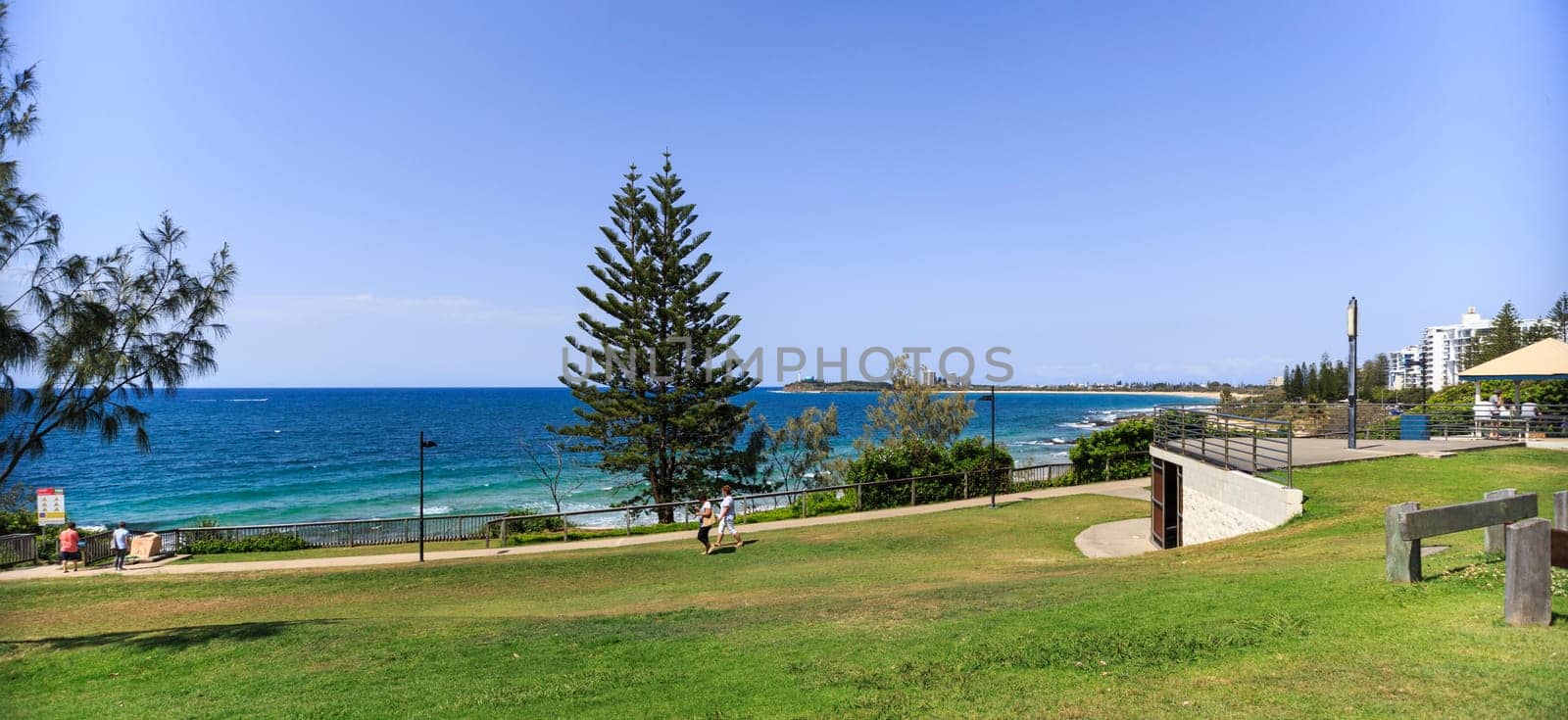 Panoramic view over the coast line from a high point of a popular park in Mooloolaba, Sunshine Coast, Australia