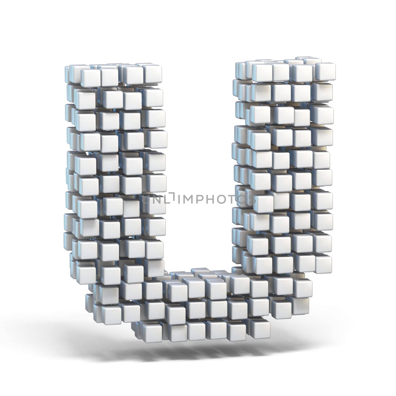White voxel cubes font Letter U 3D render illustration isolated on white background