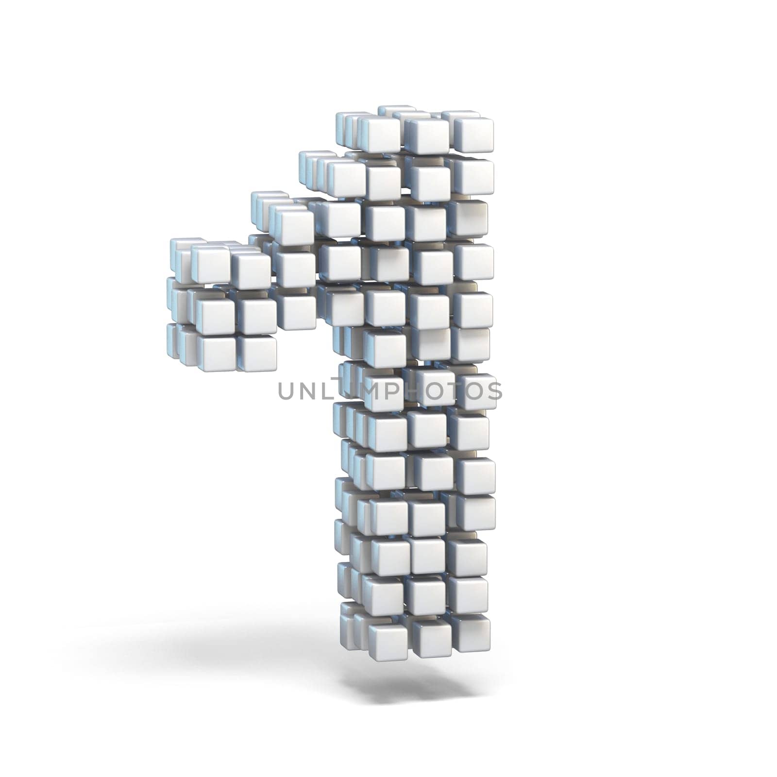 White voxel cubes font Number 1 ONE 3D render illustration isolated on white background
