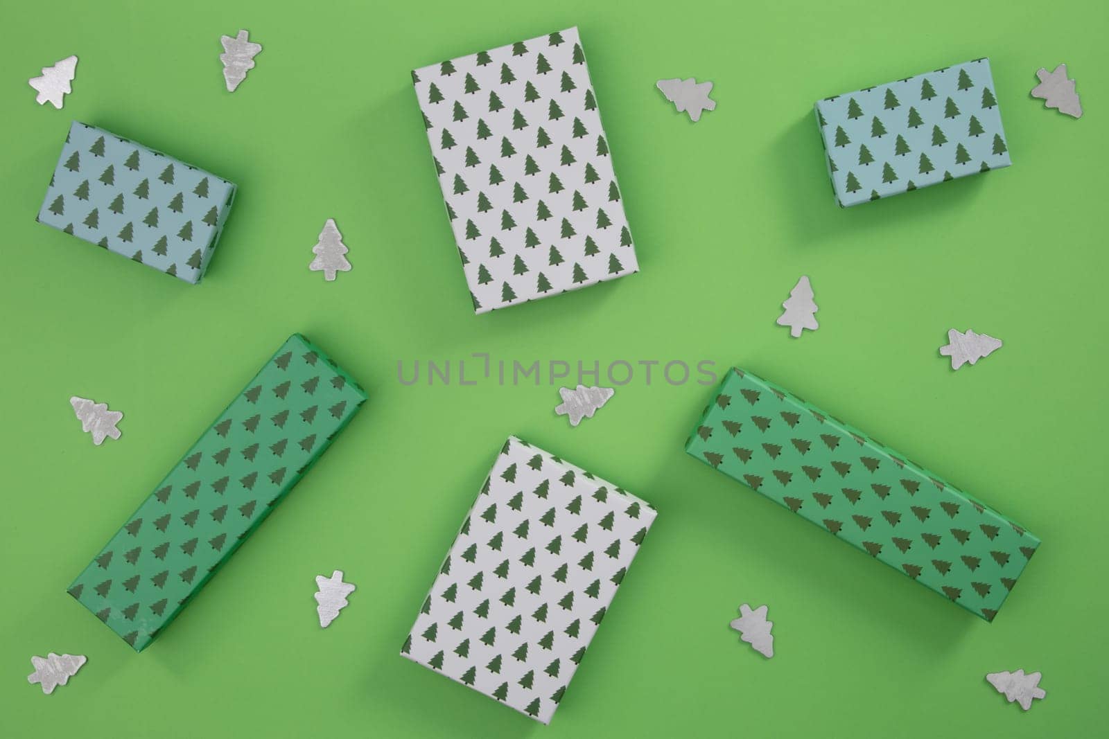 Christmas gift box view from above on green carton