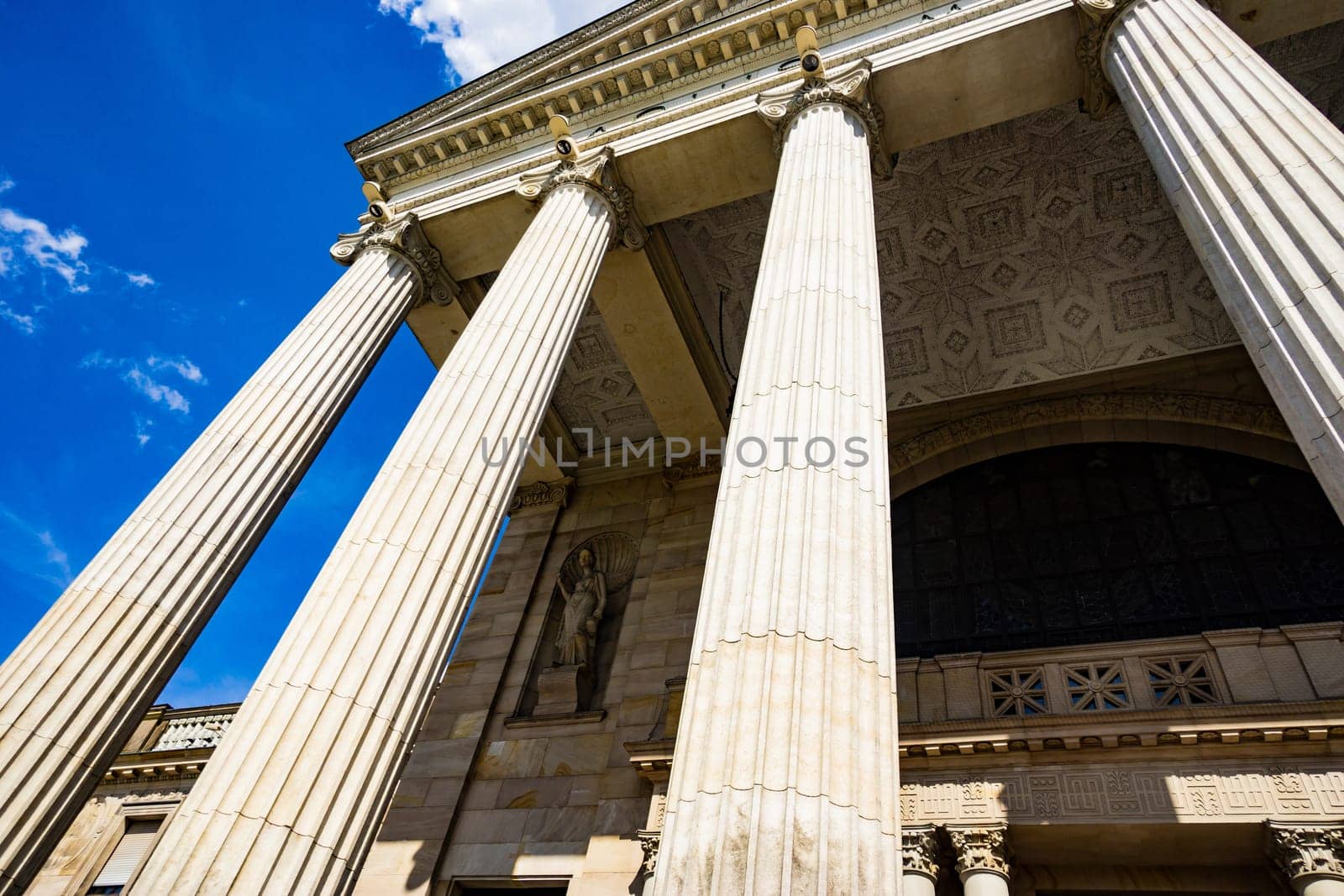 Wiesbaden, Germany - 2018-06-03: Pillars on a historic Building called Kurhaus (Healthy Spa) in Wiesbaden