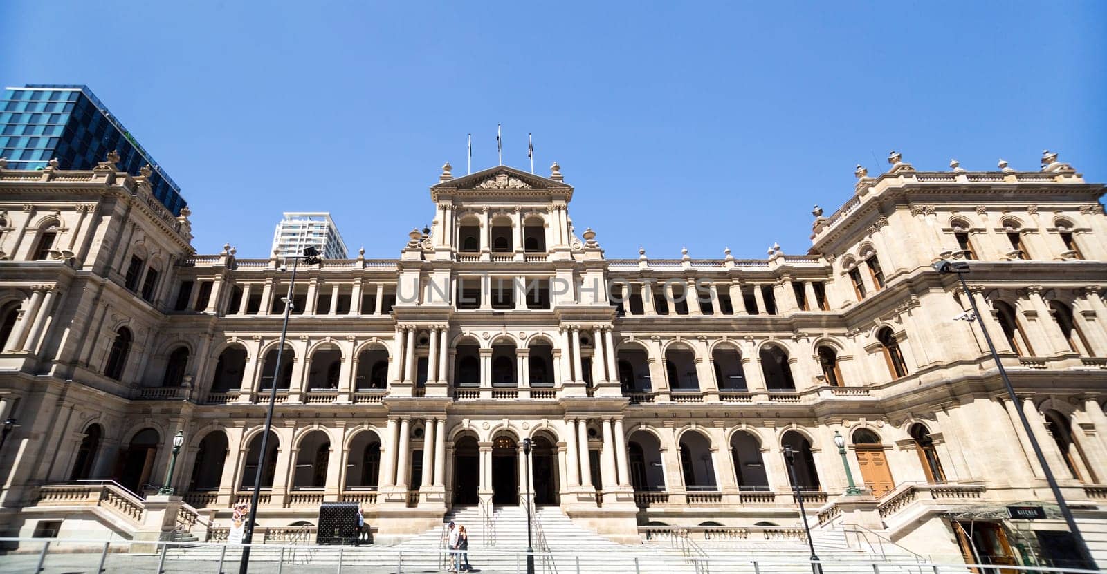 Facade of the early 19th century and heritage listed Treasury Building, in Italian Renaissance architecture, housing today a gaming Casino, in central Brisbane, Australia