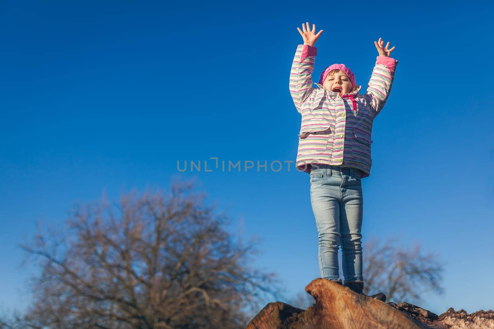 Cute little girl shouting from joy while standing on the top of large cut tree log in the park in spring