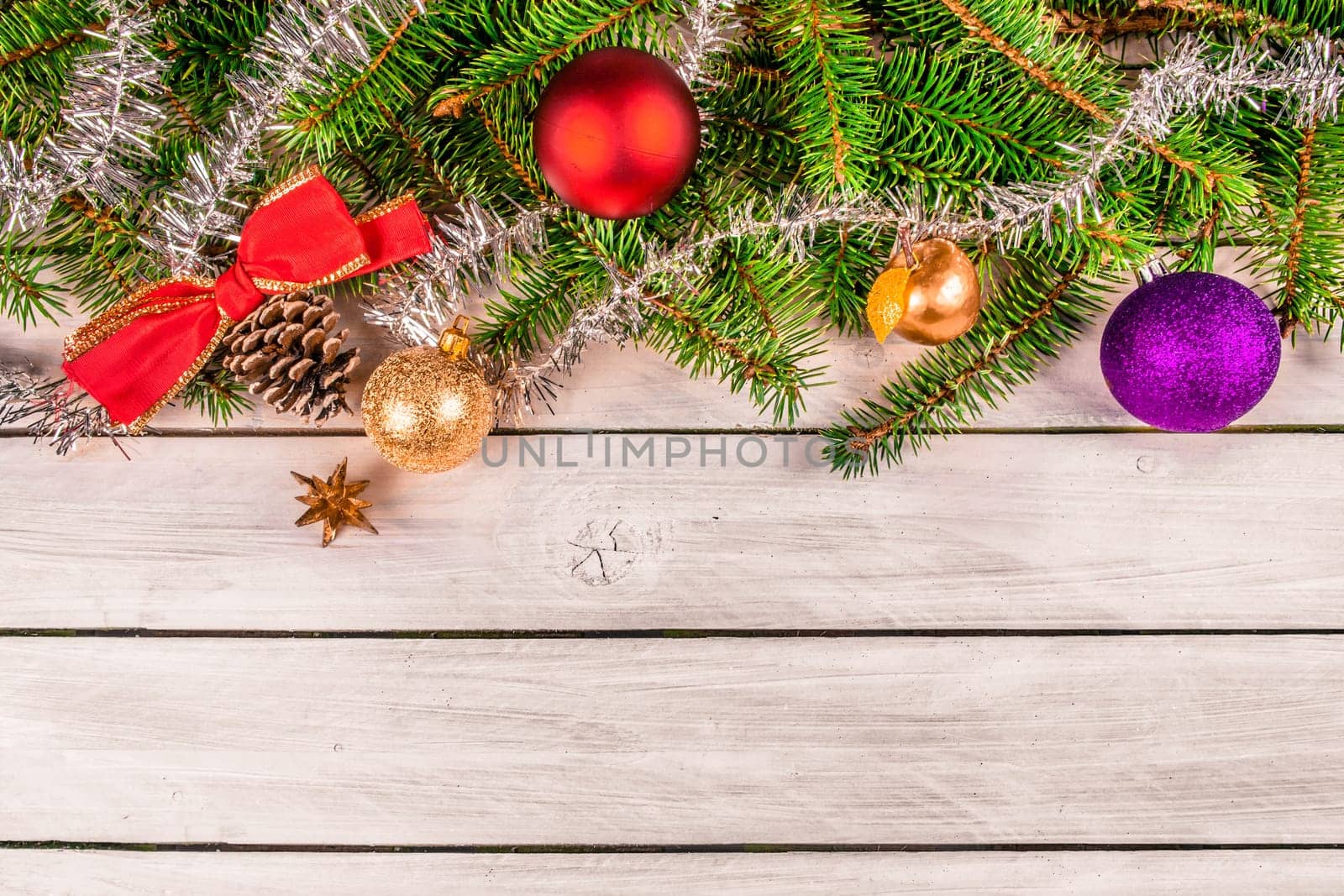 Christmas decoration on wooden planks