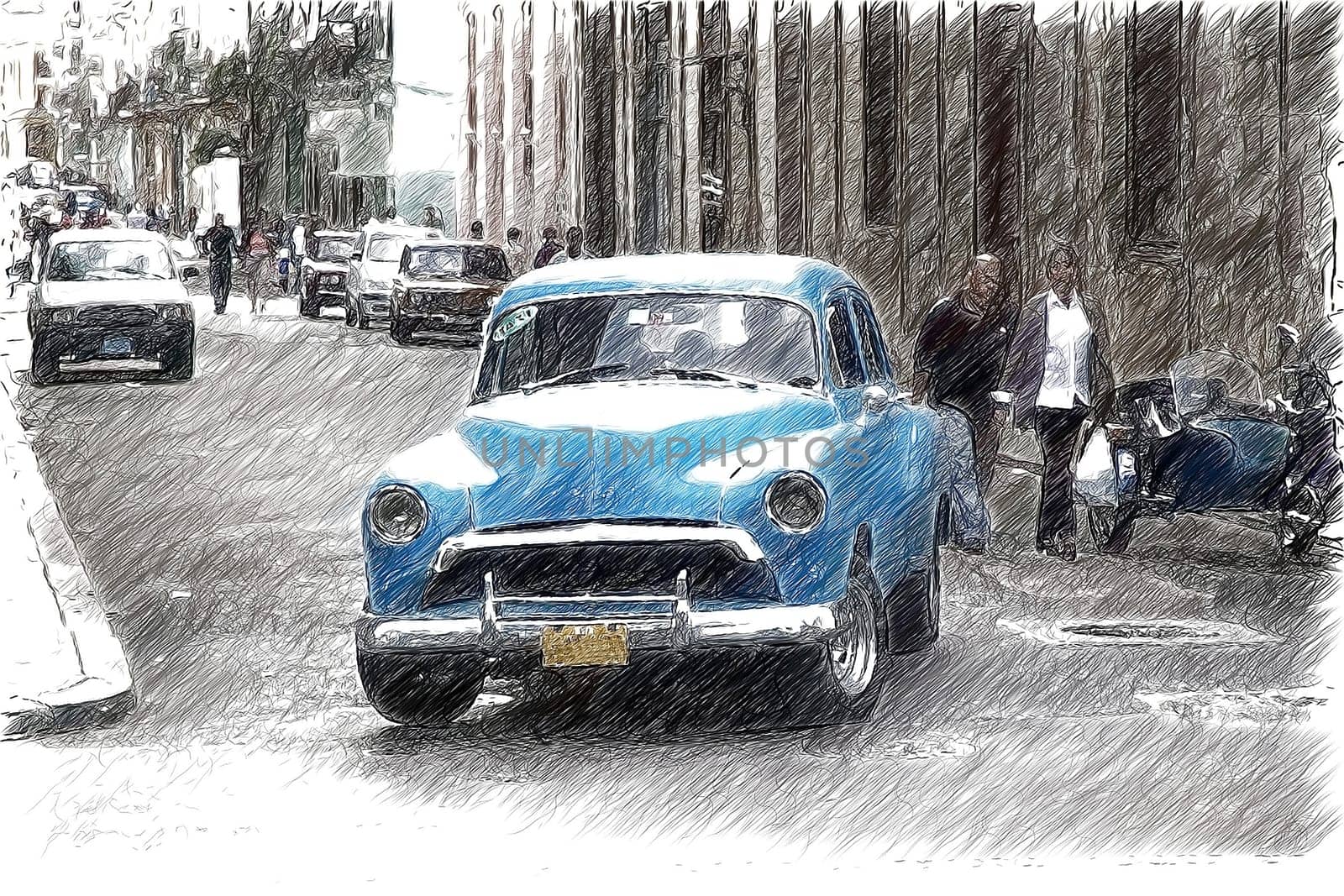 An image of the old american classic car along the street in Havana, Cuba