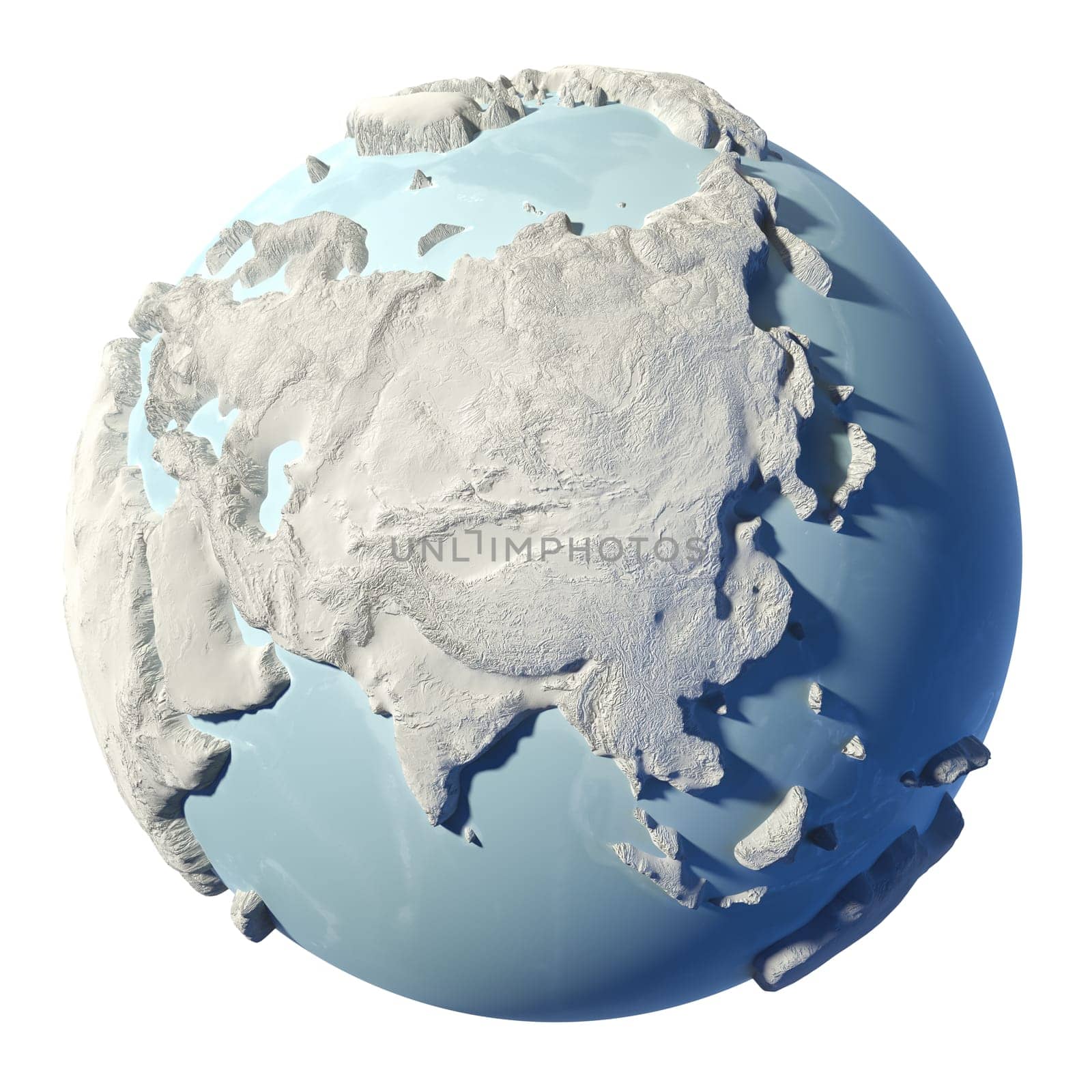 winter earth isolated on white background. 3d render. continent of asia. elements of this image furnished by nasa