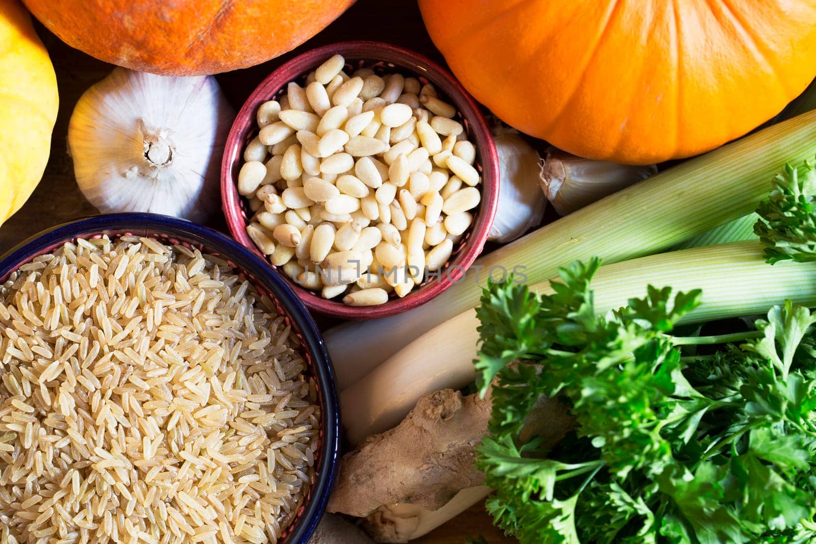 Brown rice and pine nuts other ingredients, healthy eating still life