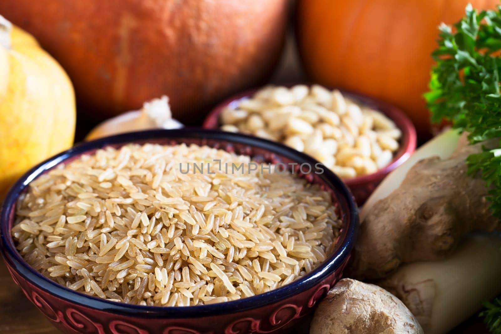 Brown rice with other ingredeints, healthy eating still life