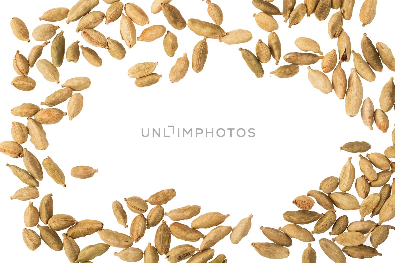Cardamom seeds isolated on white with copy space in center of frame