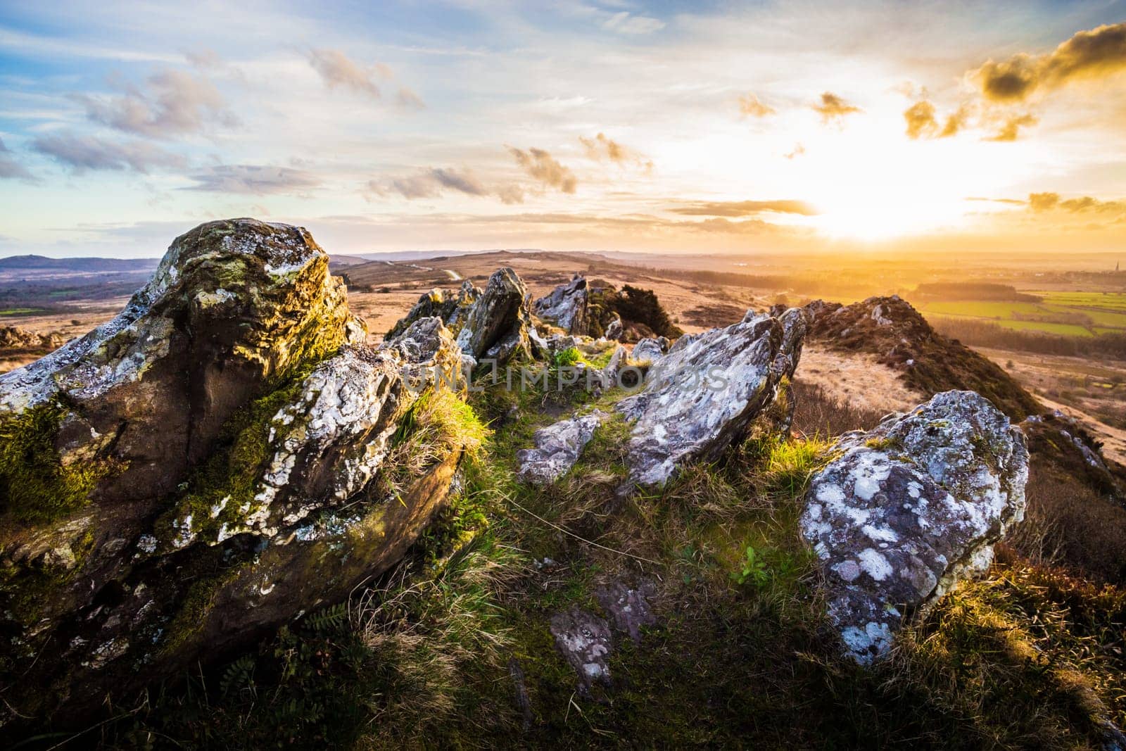 Backlighted Roc'h Trevezel by the sunset, Brittany, north-western France