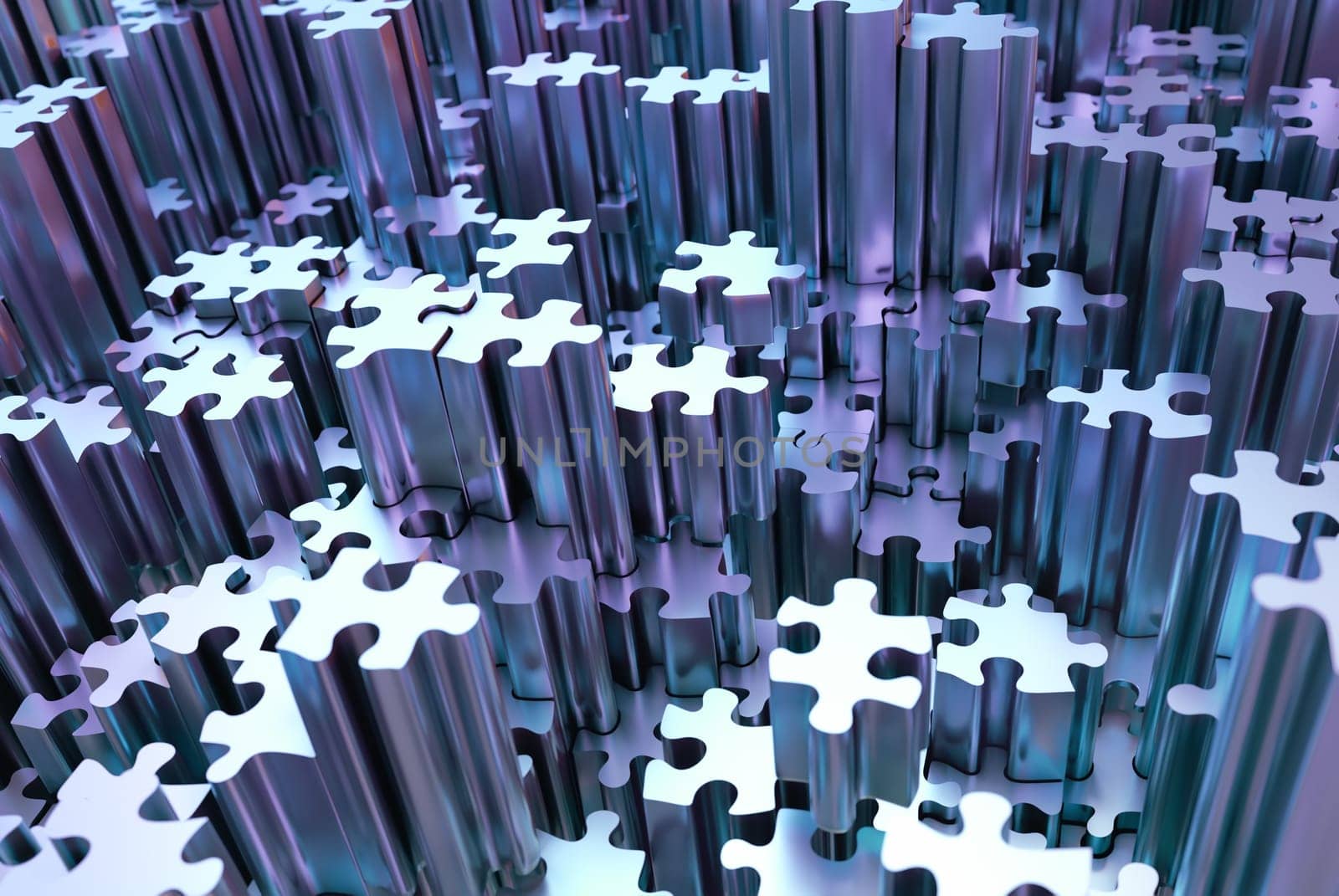 3D illustration abstract background. Image of puzzle pieces in chrome gray metal.