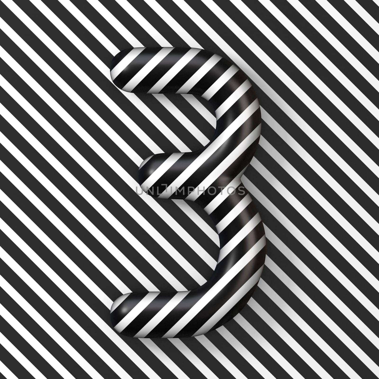 Black and white stripes Number 3 THREE 3D render illustration