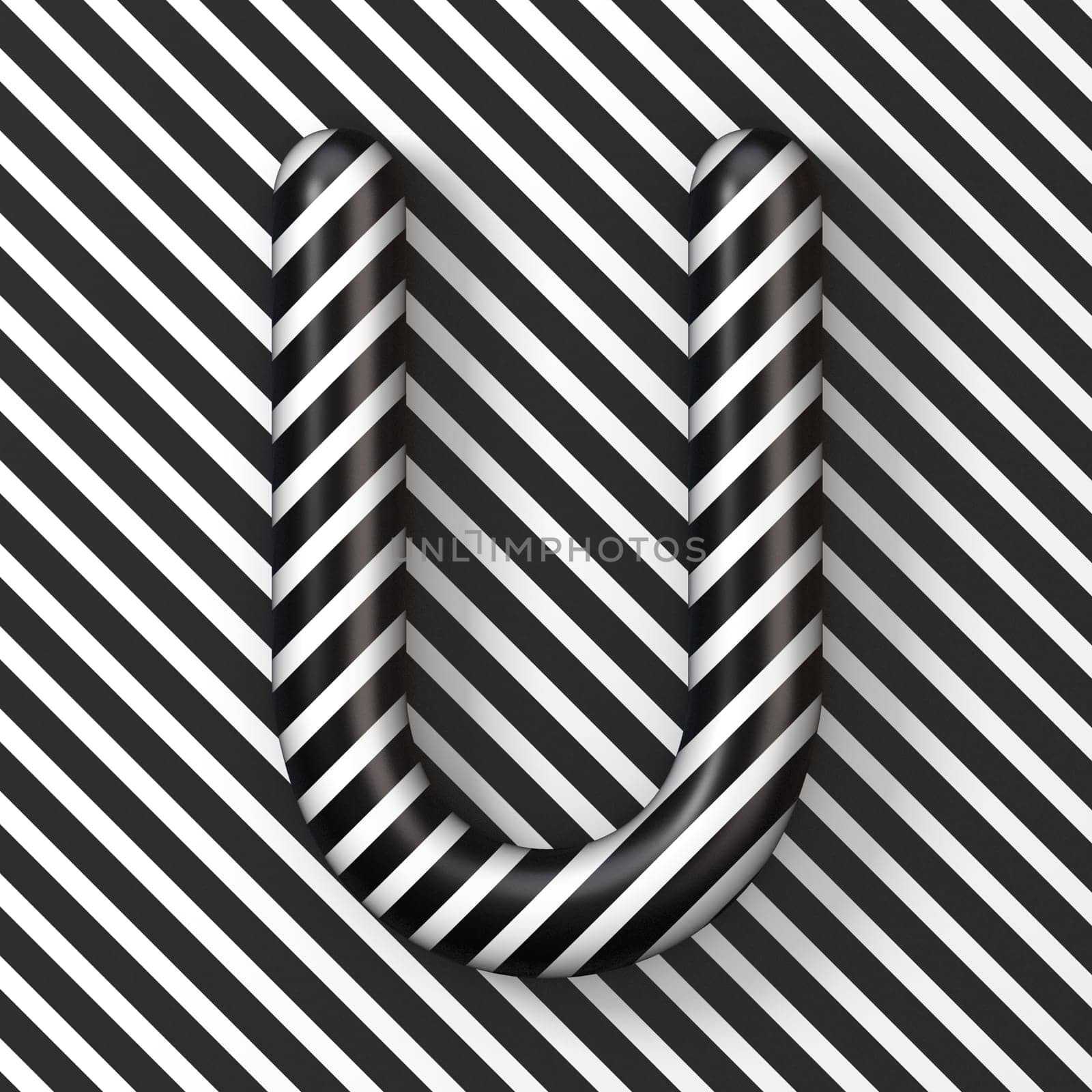 Black and white stripes Letter U 3D render illustration