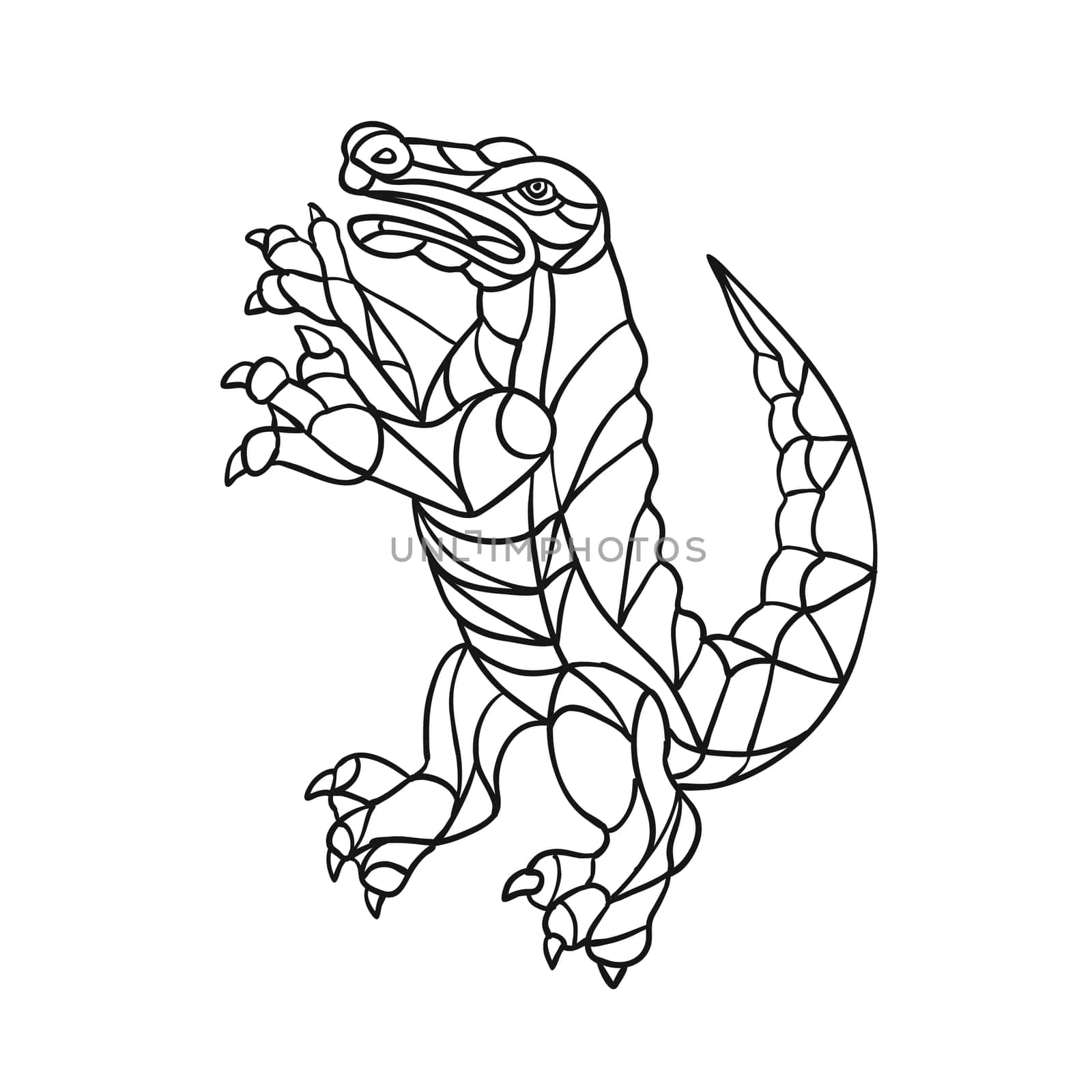 Mosaic style illustration of an alligator, gator, croc or crocodile prancing standing upright viewed from side on isolated background in Black and White.
