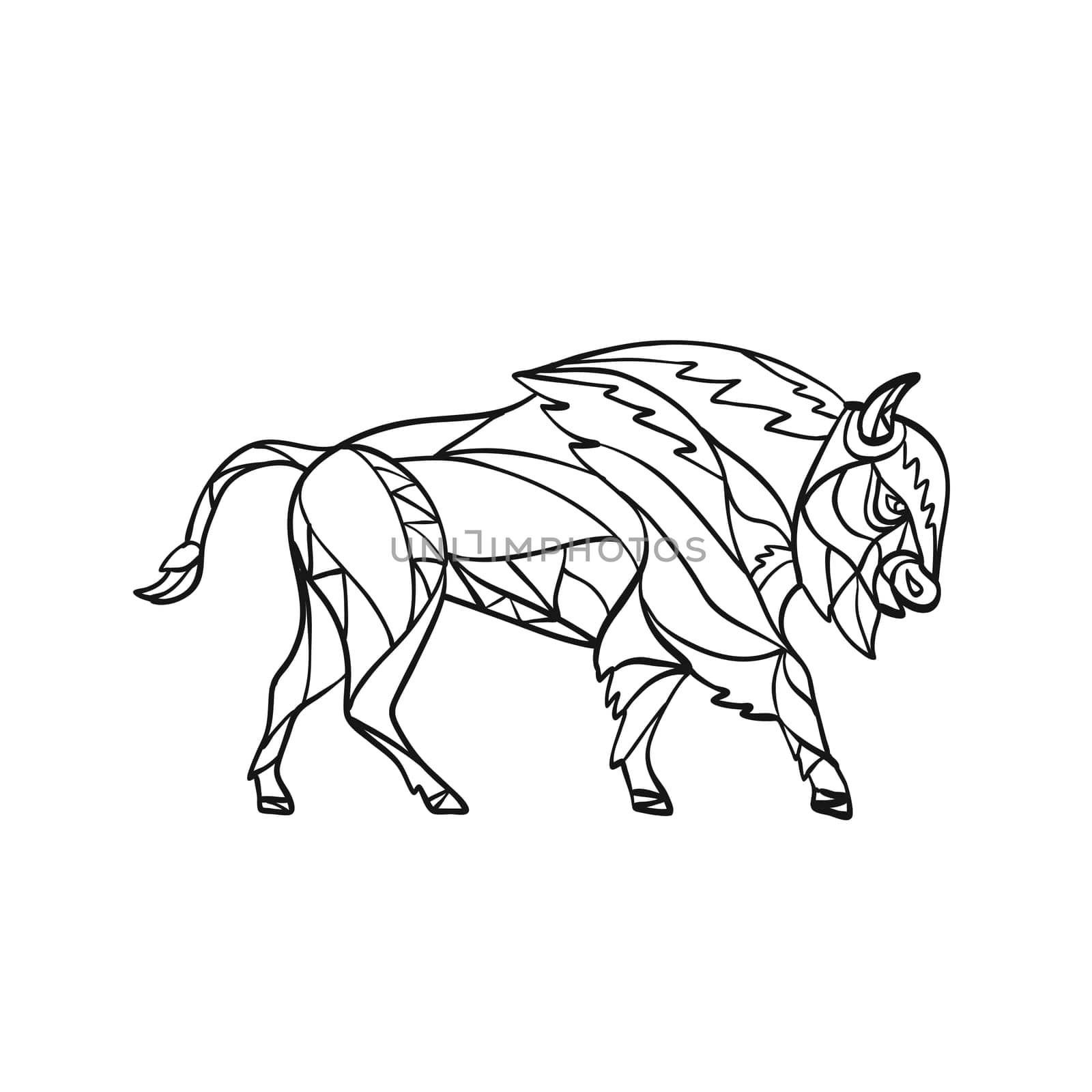 Mosaic style illustration of an American bison or American buffalo, the North American species of bison vewed from side  on isolated background in  black and white.