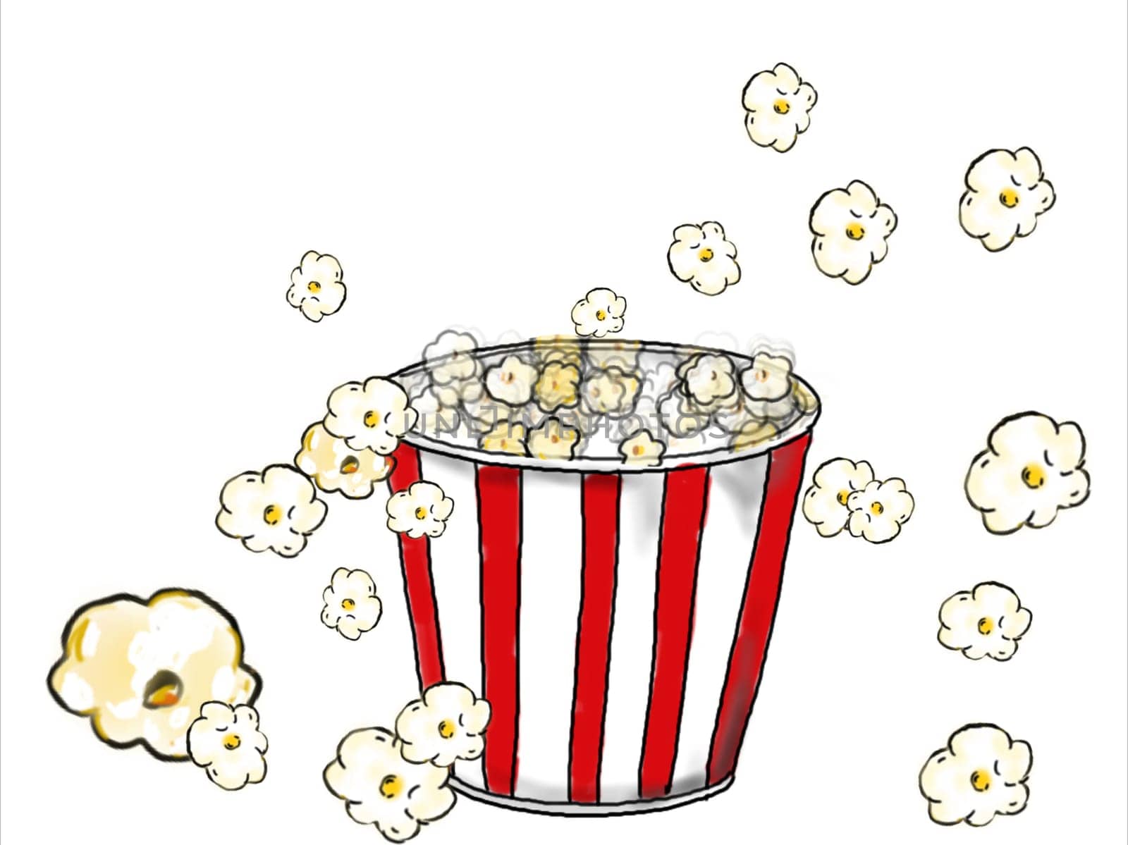 2d Animation motion graphics showing a drawing of a popcorn in red and white stripe bucket popping on white background.
