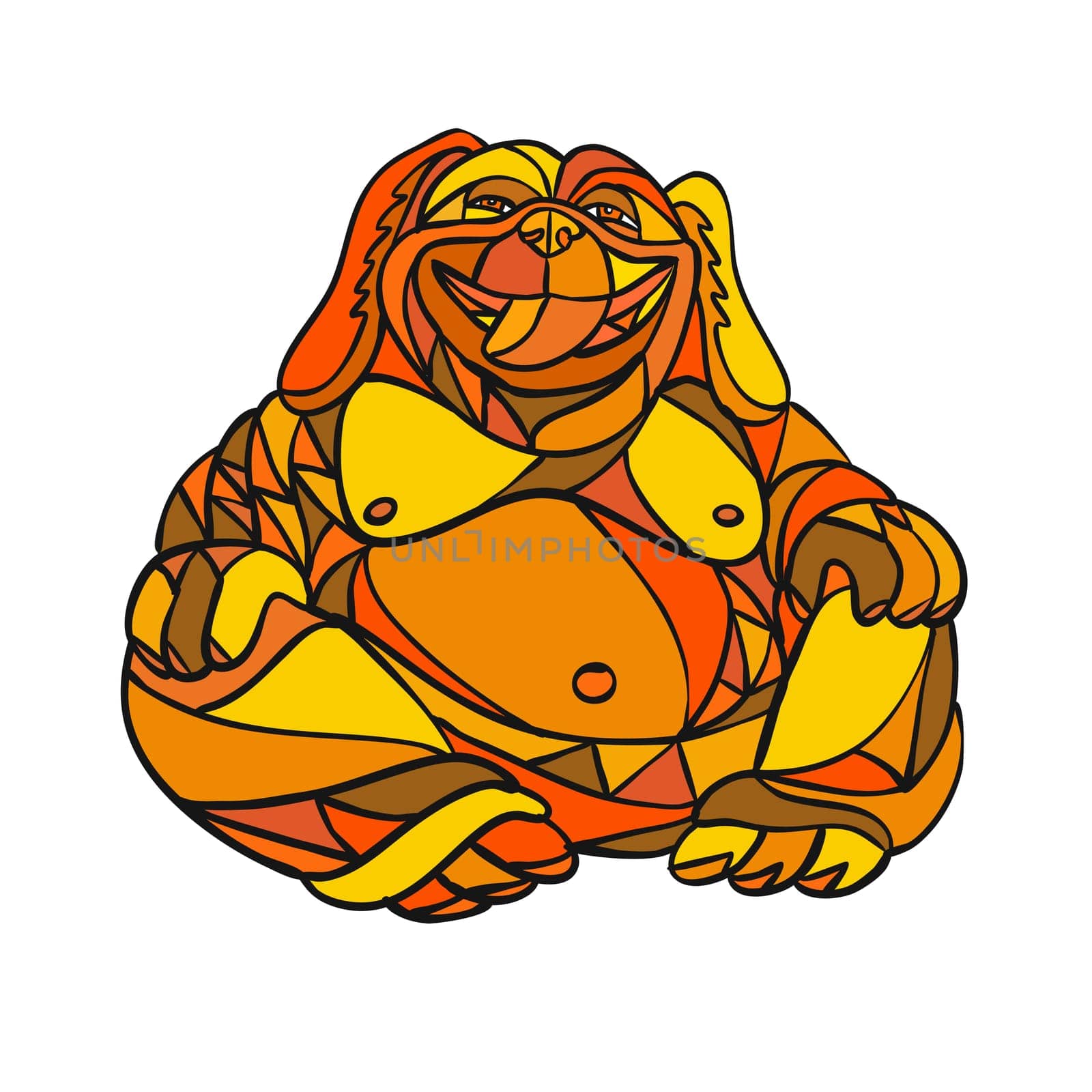 Mosaic low polygon style illustration of a laughing Buddha dog sitting viewed from front on isolated white background in color.