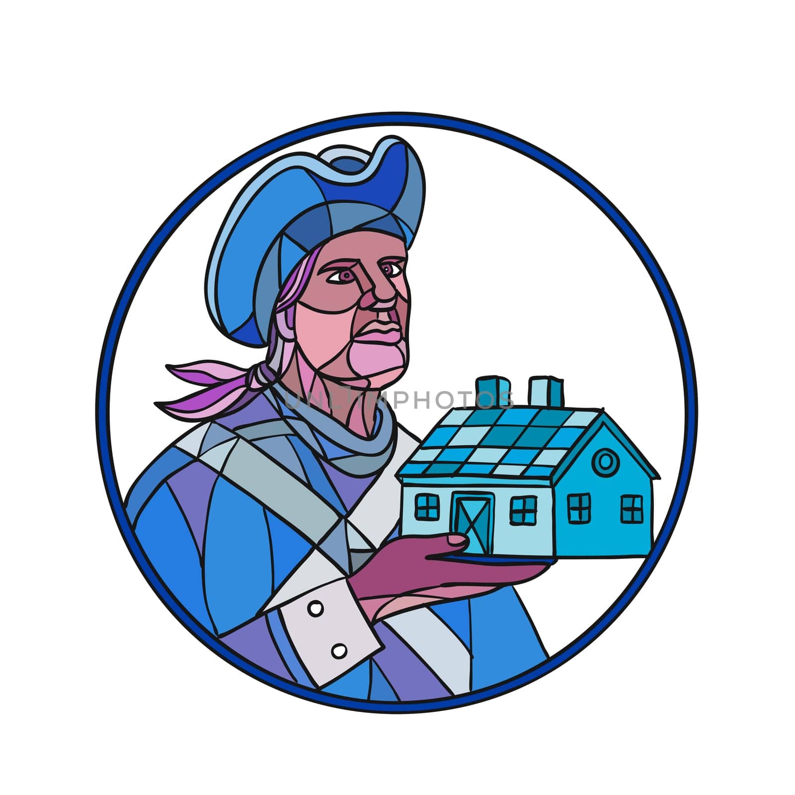 Mosaic style illustration of an American patriot holding up a residential house or home set inside circle on isolated background in color.