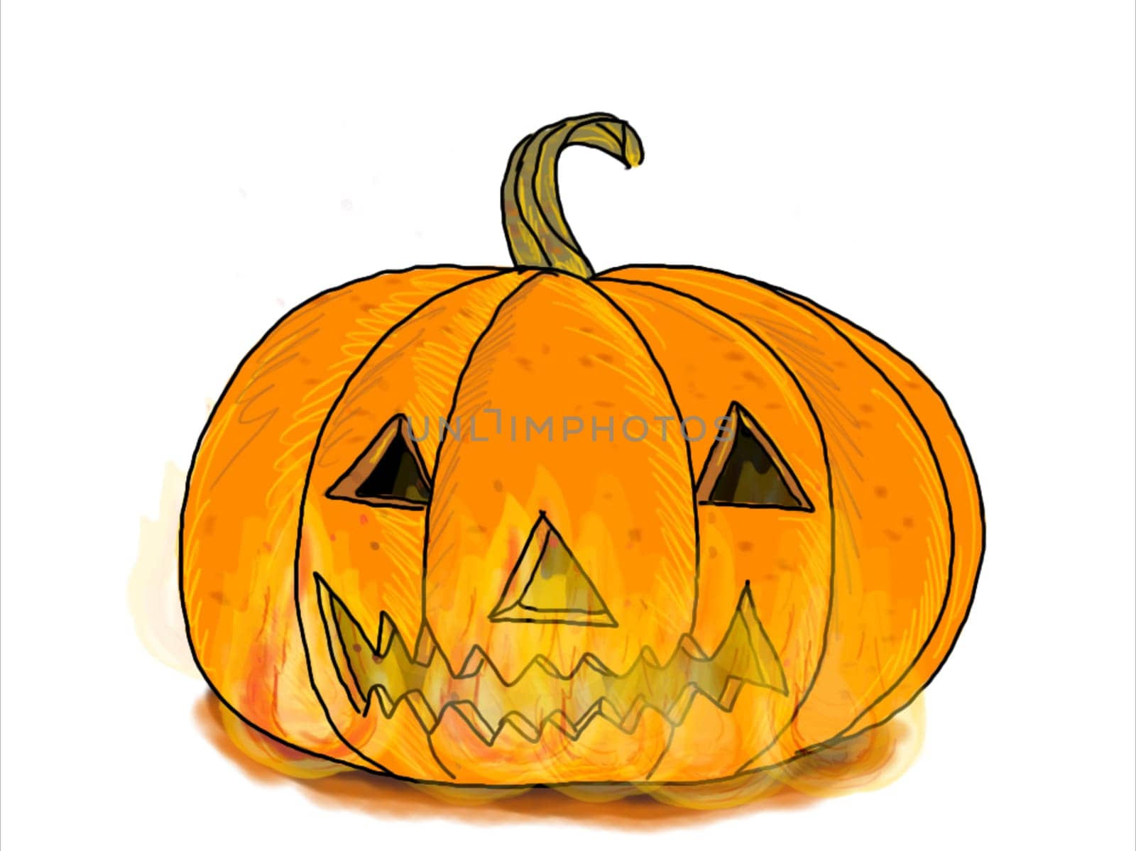 Illustration graphics showing drawing of a jack-o'-lantern, a carved pumpkin lantern, associated with the holiday of Halloween, on fire flickering on white background.