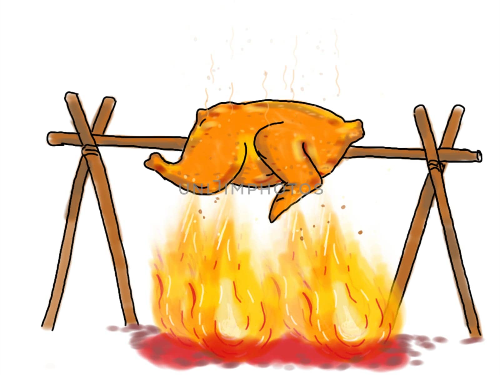 Illustration graphics showing a drawing of a chicken on stick or rod being roasted or barbecued on open fire flames  on white background.