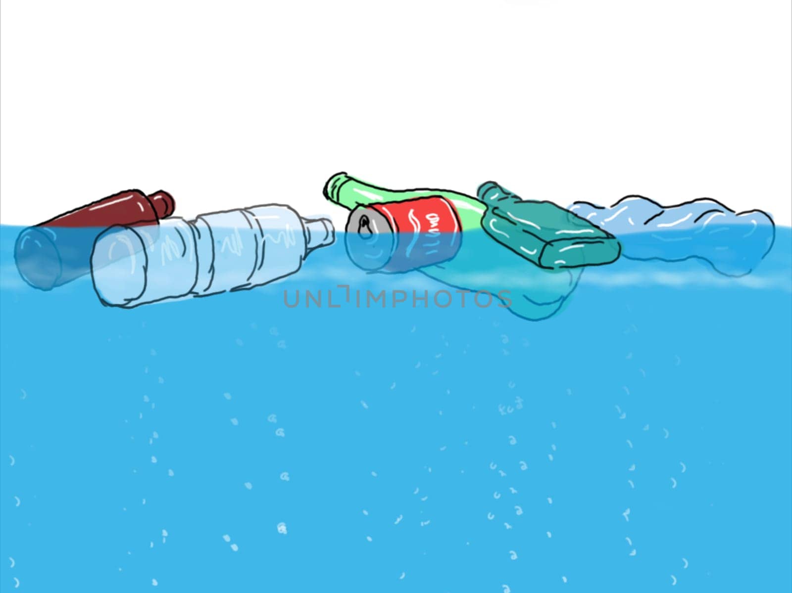 Illustration graphics showing a drawing of plastic bottles, cans, containers, trash or rubbish floating in sea water or ocean on white background.
