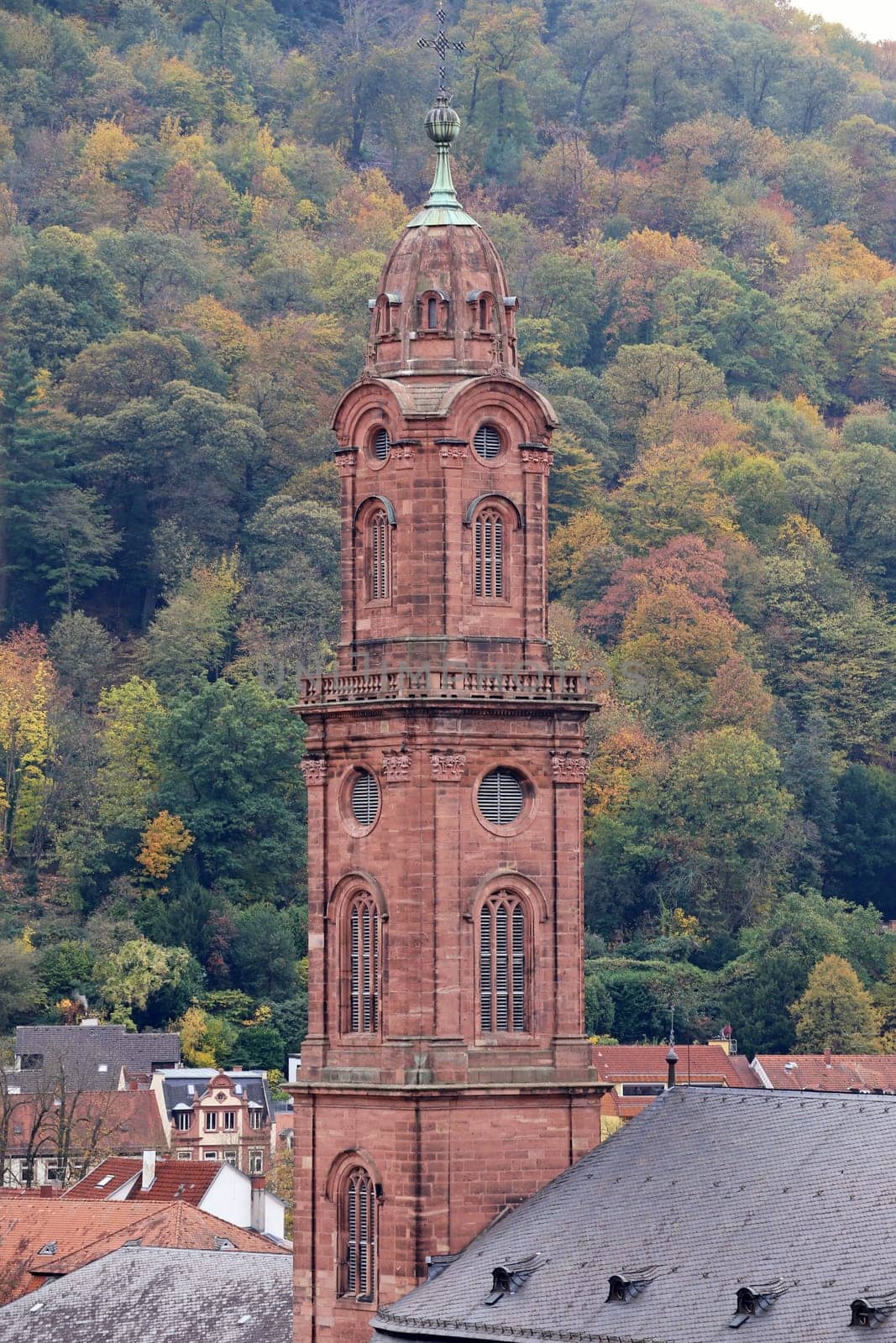 Neo-Baroque tower of the Jesuit Church in Heidelberg in autumn 2018