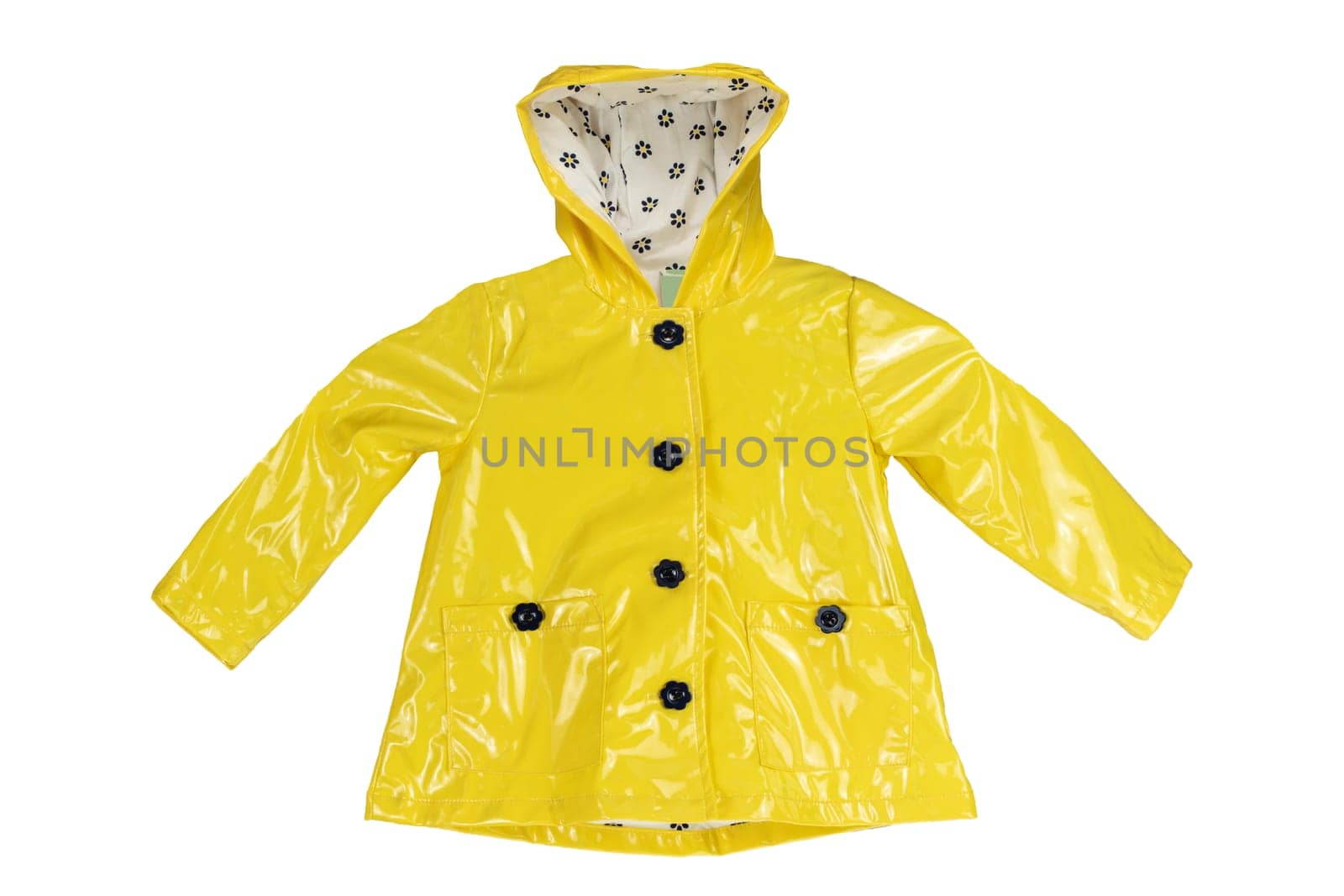 Rain jacket. Girls elegant yellow rain jacket isolated on a white background. Fashion for rain season.