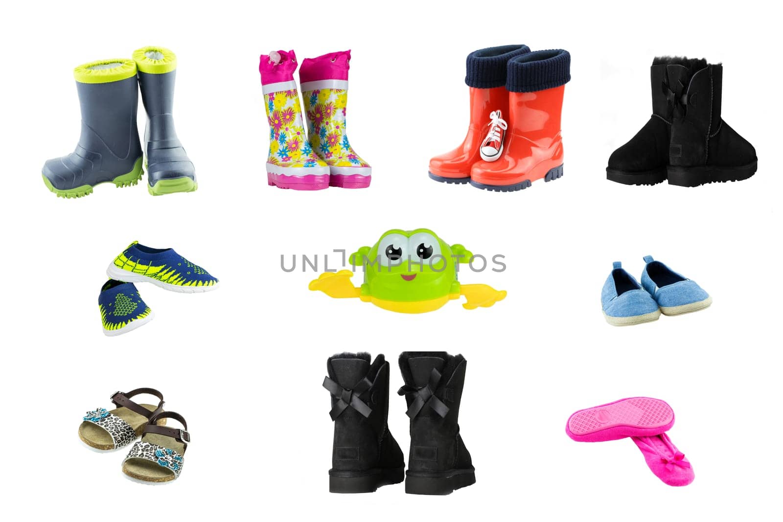 Collage set of children shoes and boots. Collection of seasonable children shoes and rubber boots isolated on a white background. Close up. Shoes fashion.