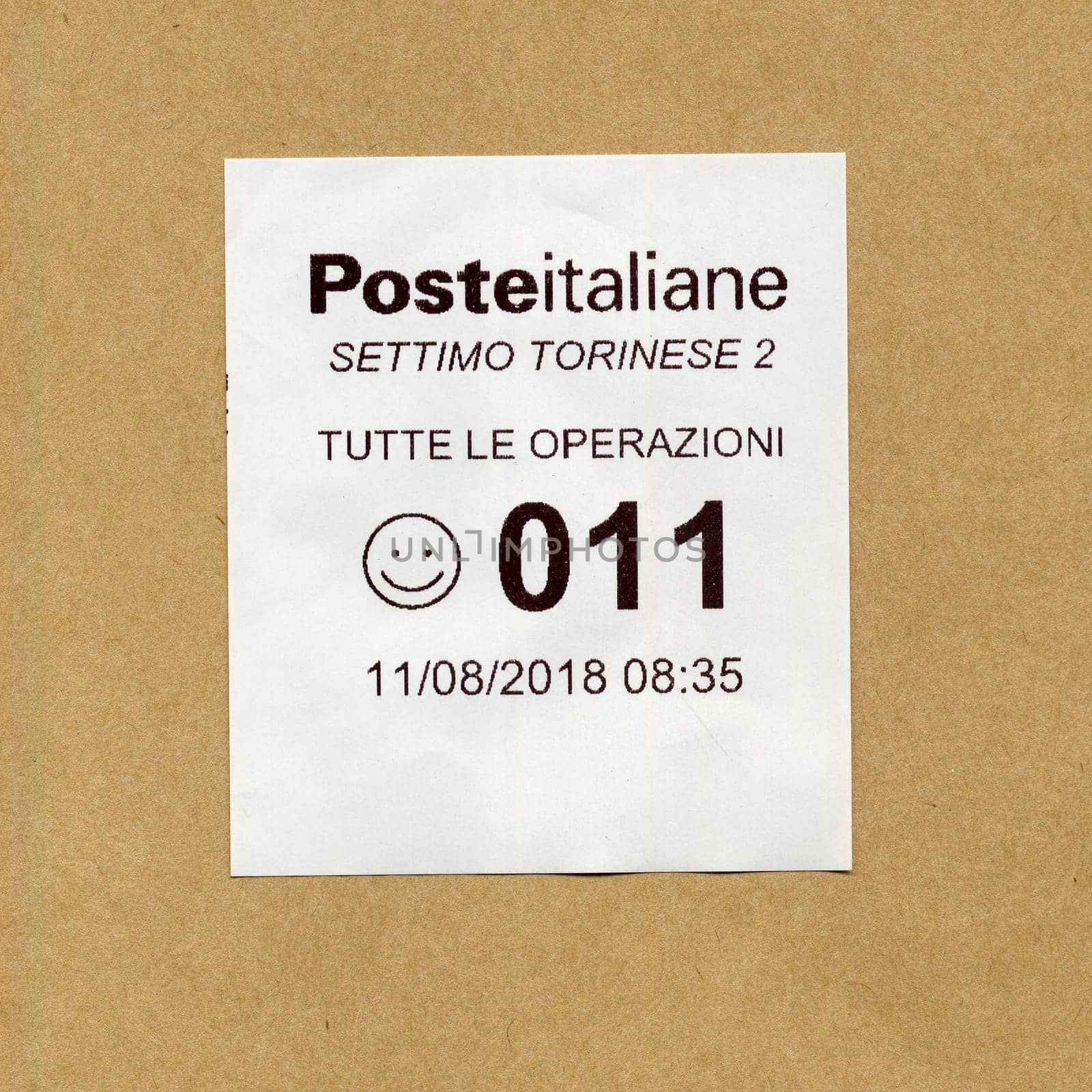 SETTIMO TORINESE, ITALY - CIRCA AUGUST 2018: Poste Italiane (Italian post) ticket for queue management system