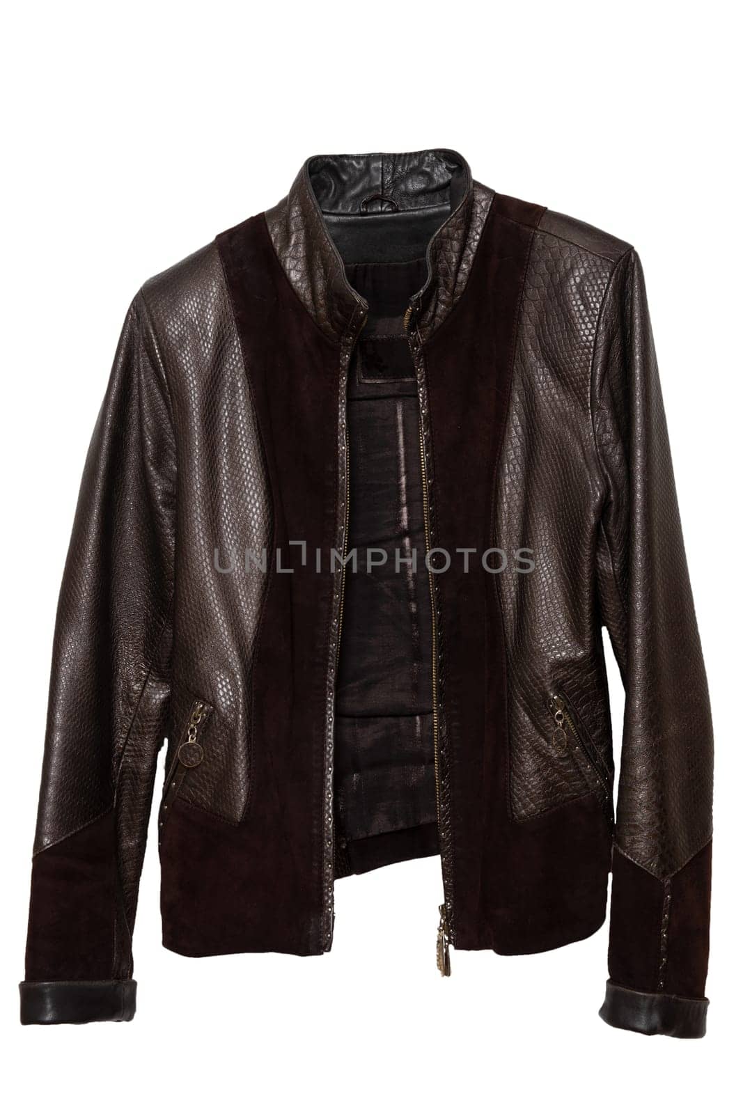 Leather jacket. Woman elegant brown leather jacket isolated on a white background. Women fashion.