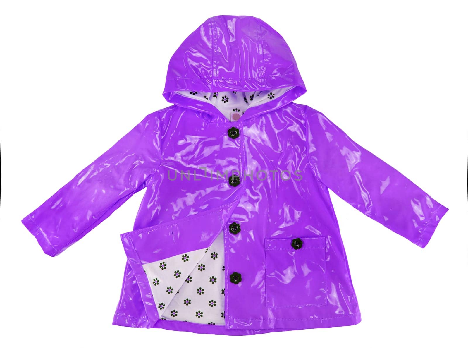 Rain jacket. Girls elegant purple rain jacket isolated on a white background. Fashion for rain season.