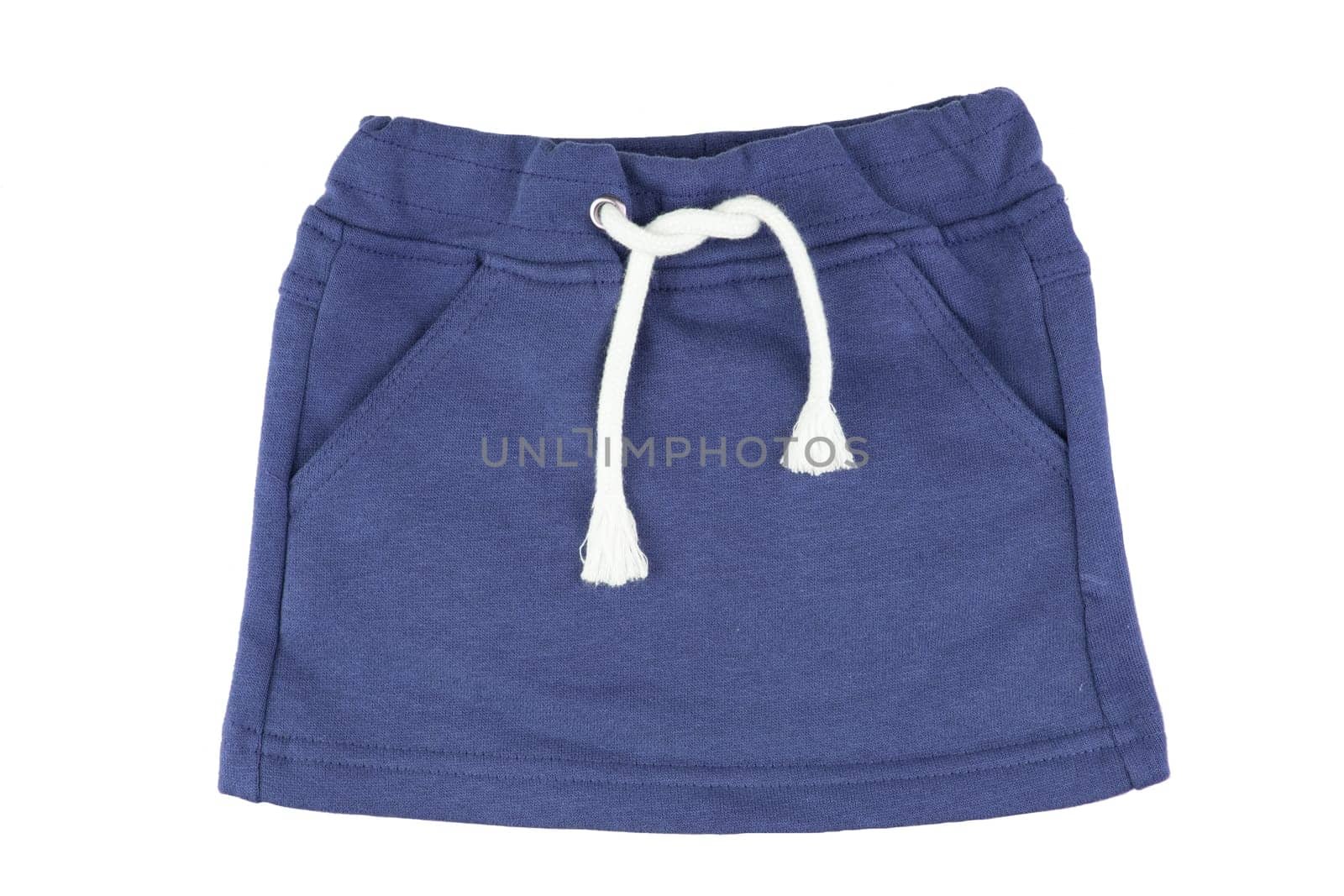 Girls clothes. Girls blue skirt with white linen twine isolated on a white background. Kids fashion.