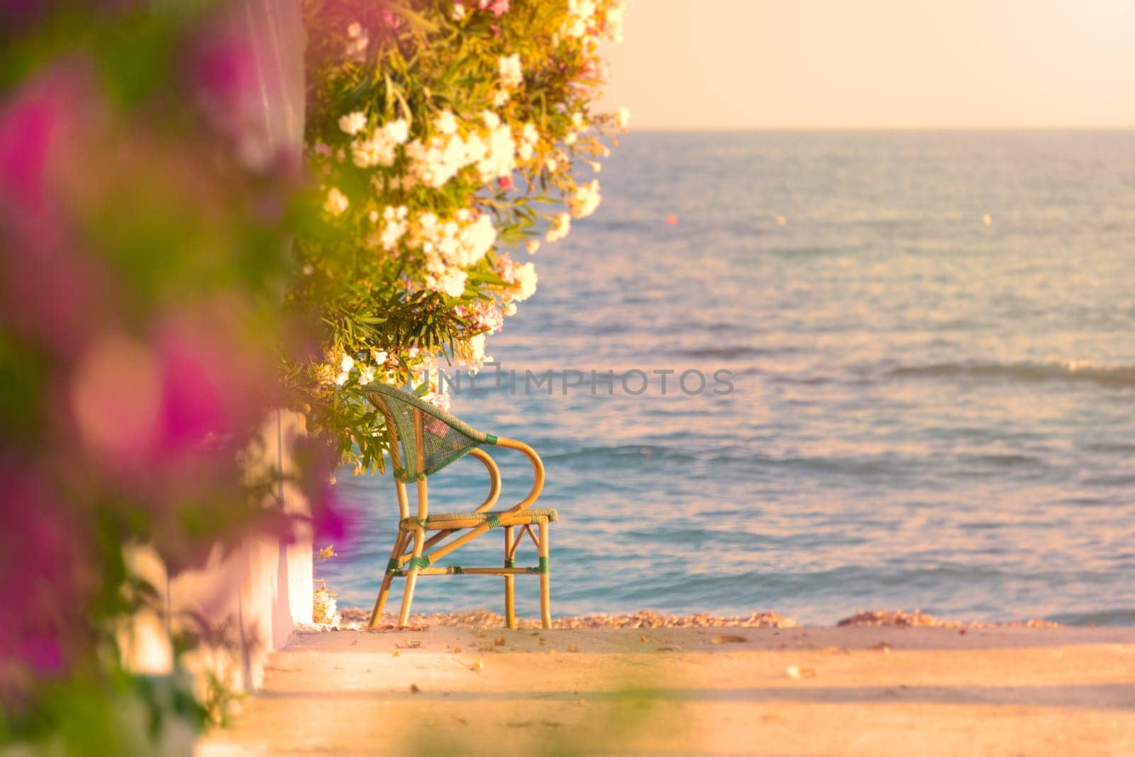 Beautiful scene with chair at beach with sea and sunset sky in background and foliage in foreground. Spot for relaxation.