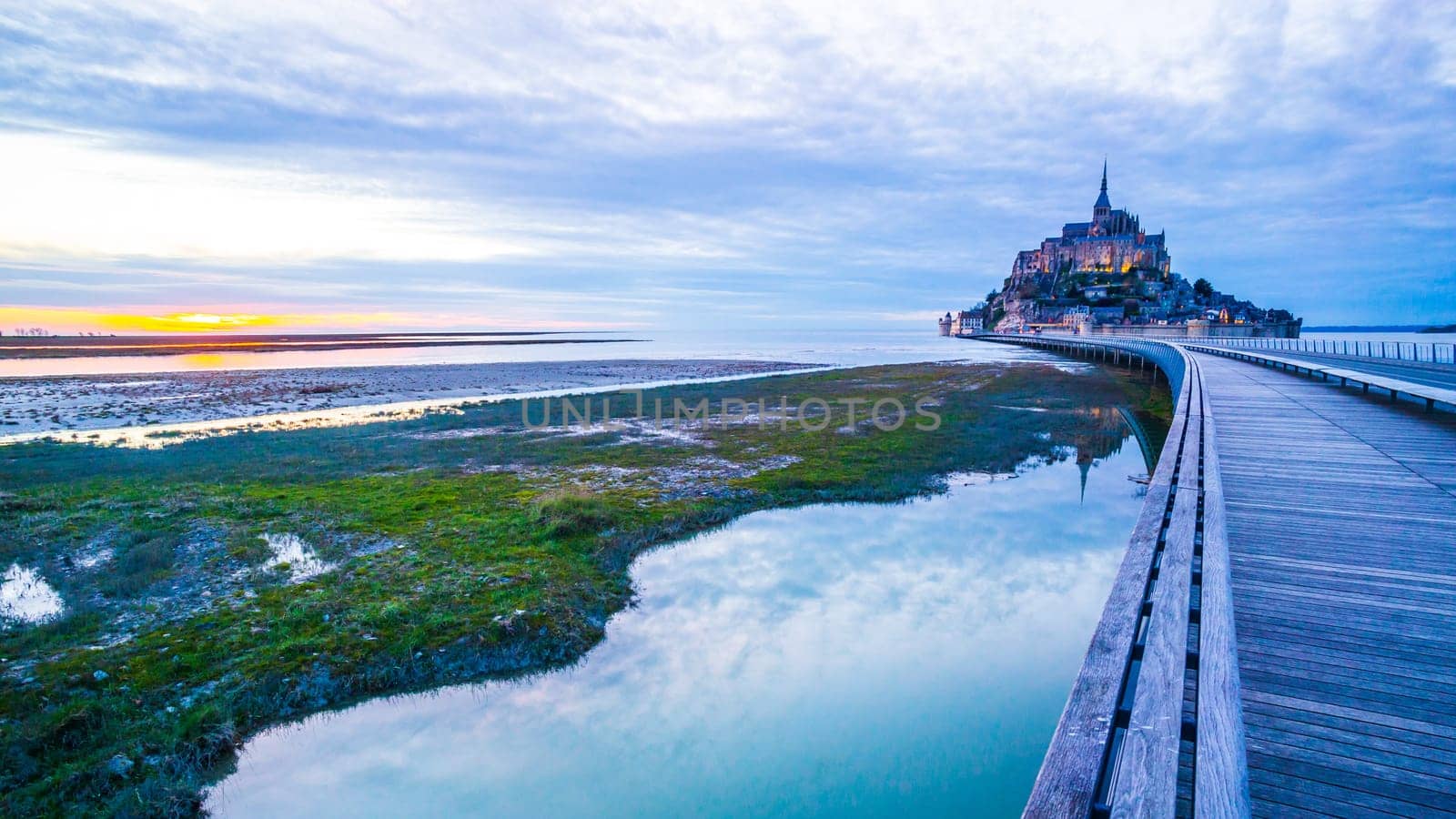 Mont-Saint-Michel sunset from the bridge, Normandy, France