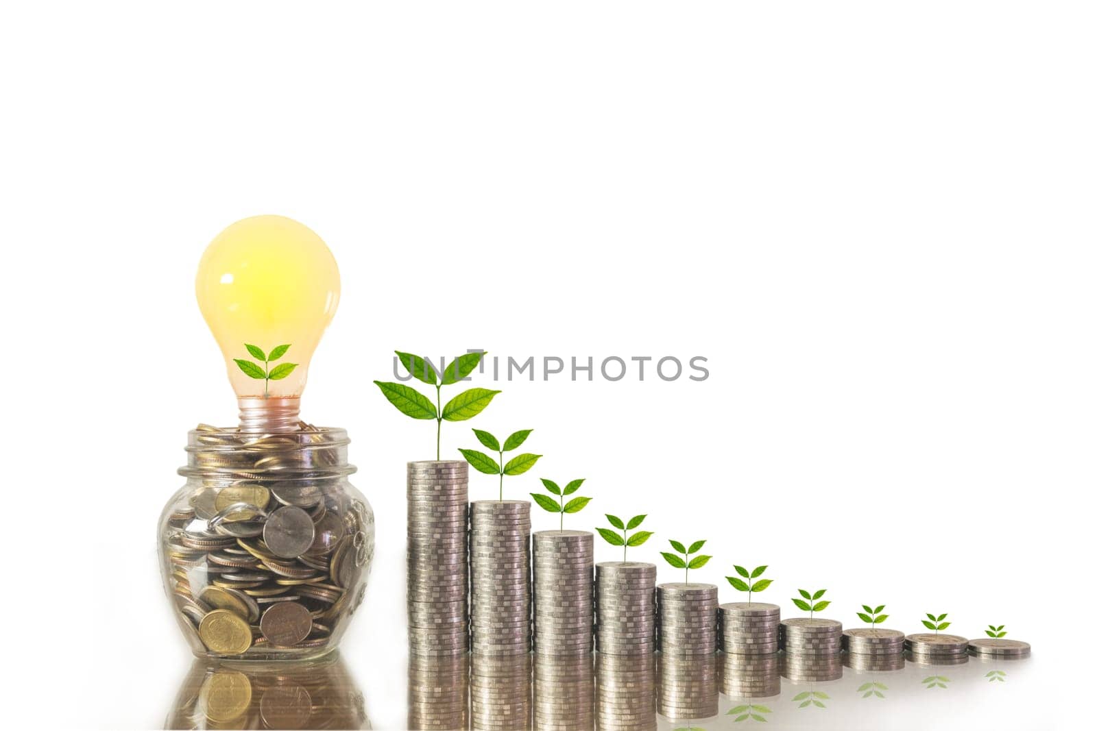 Energy saving light bulb and tree growing on stacks of coins isolated on white background. Saving, accounting and financial concept.