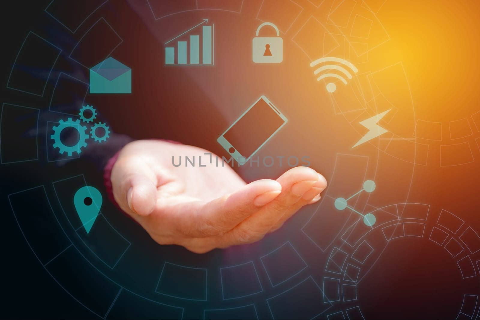 Hand of businessman holding smart phone blue touchscreen. Hand with modern buttons. Businessman hands with virtual screens technology concept.