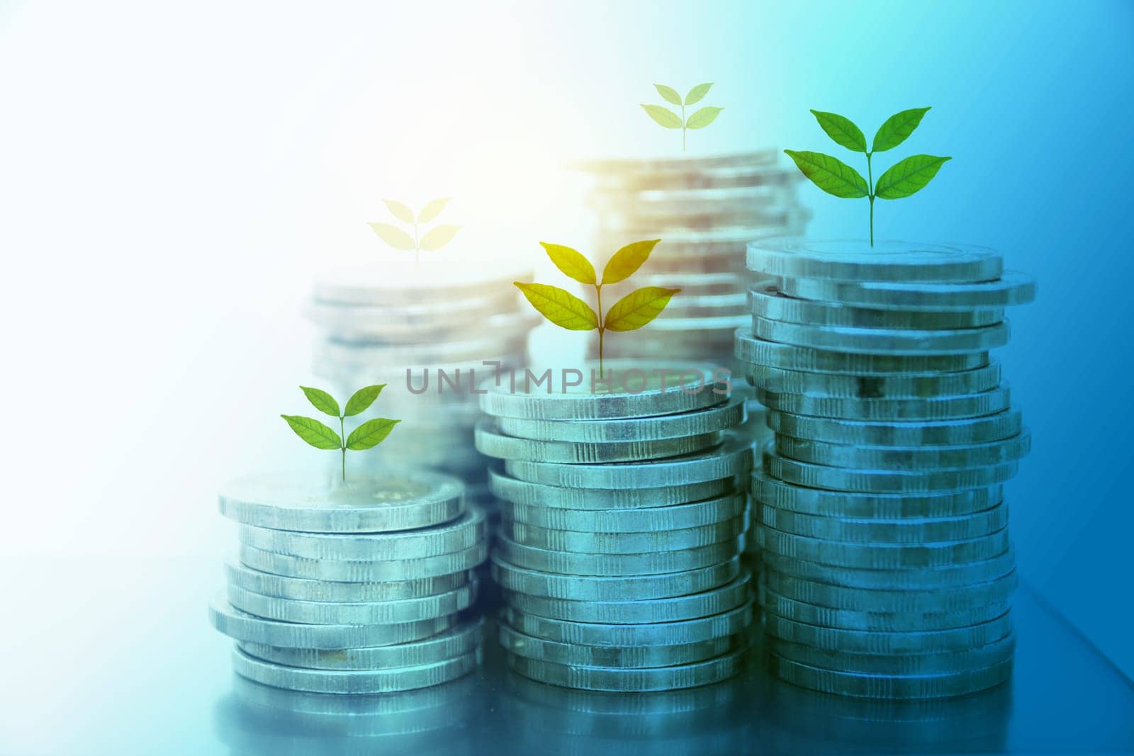 Double exposure stock financial indices with stack coin. Financial stock market in accounting market economy analysis.