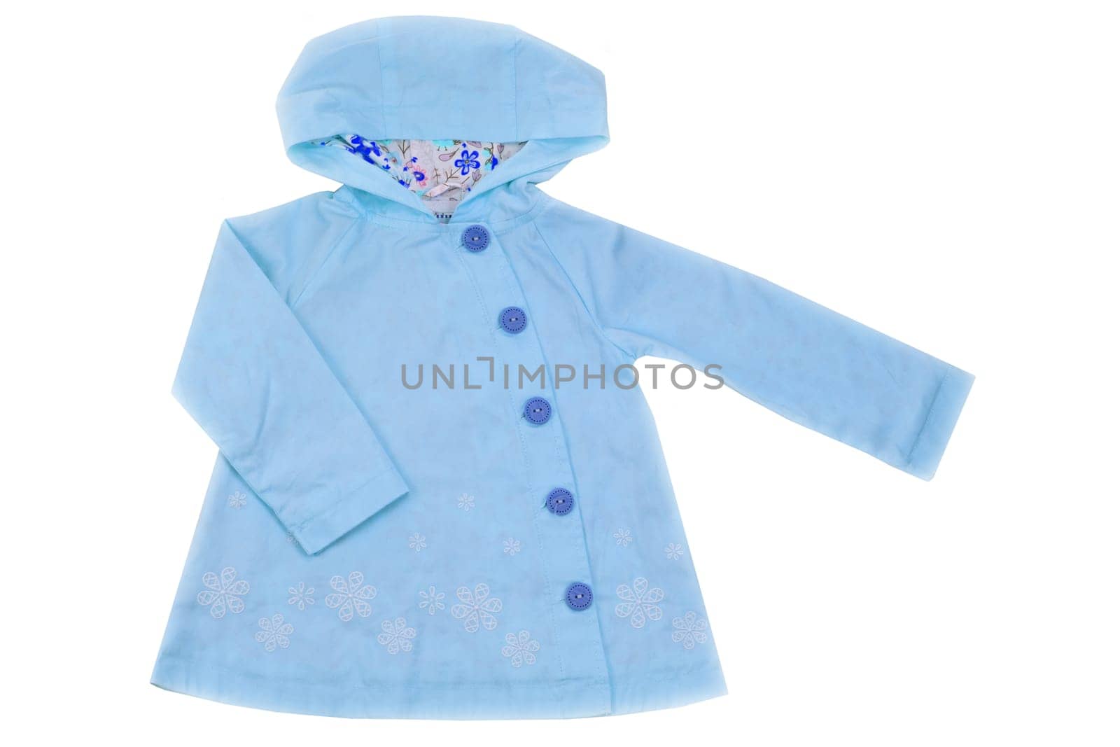 Children coat. Stylish light blue children coat with hood. Spring and autumn fashion.