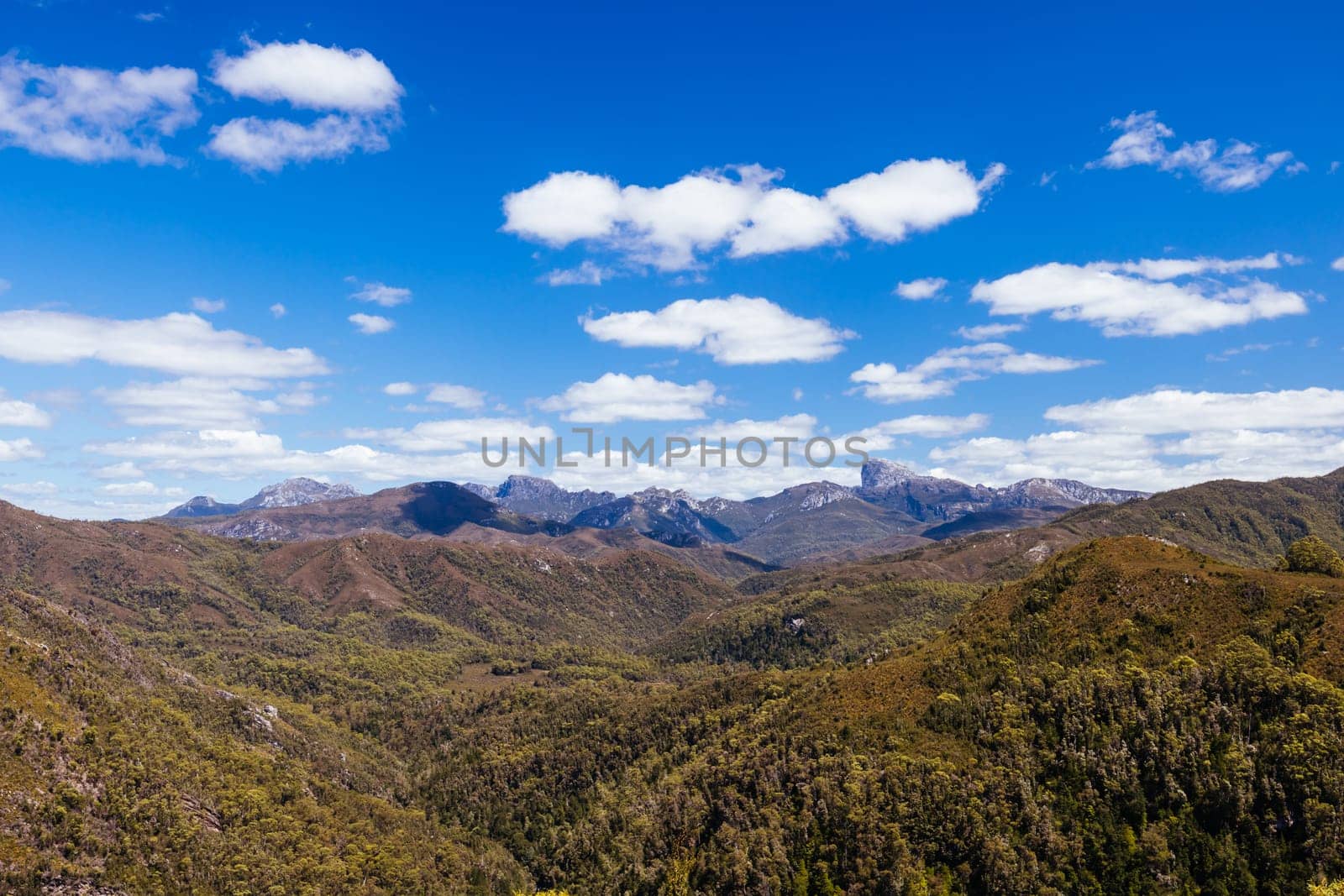 Donaghys Hill walk with Frenchmans Cap in the distance in Franklin-Gordon Wild Rivers National Park on a hot summer's day in Tasmania, Australia