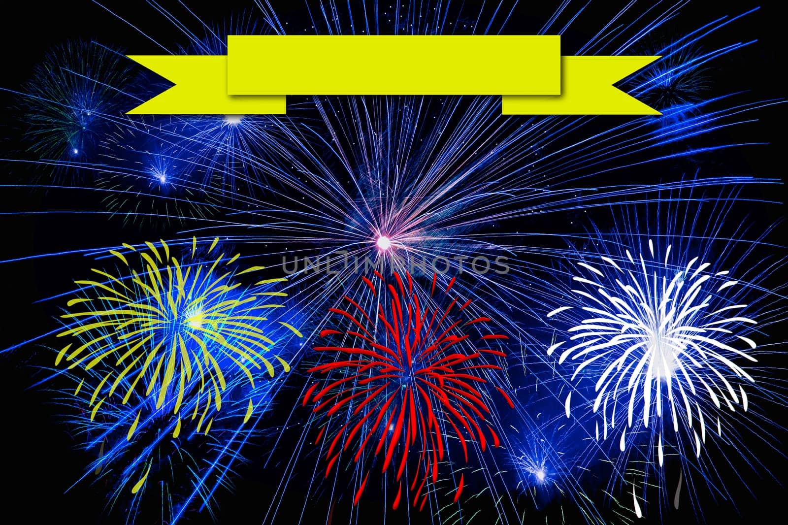 Holiday celebration card for the new year. Fireworks flames carnival event background.