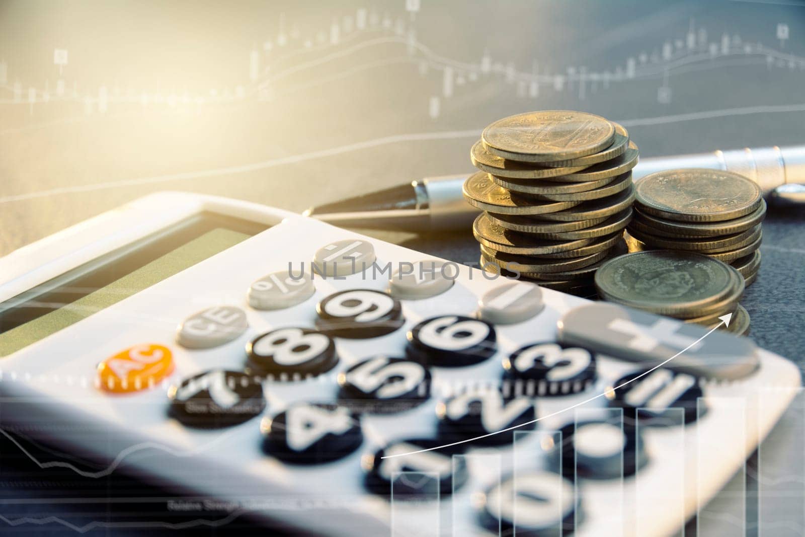 Saving money concept with money coin stack growing and calculator for business and accounting concept.