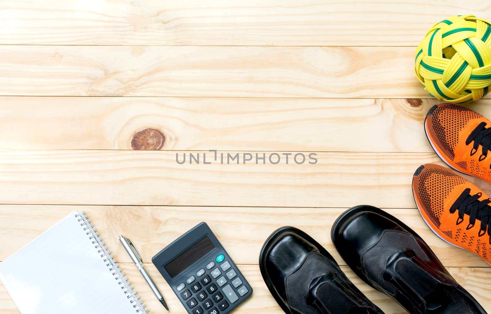 concept preparing to fitness sports and office equipment top view on table background.