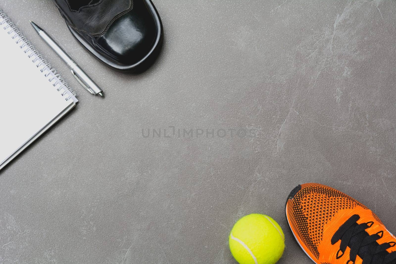 concept preparing to fitness sports and office equipment top view on table background.