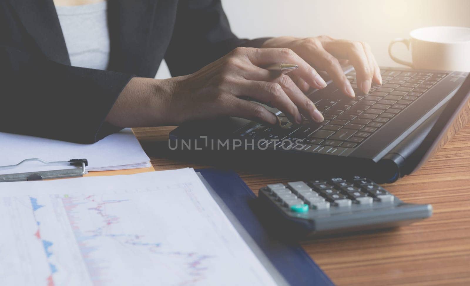 Person working and using a laptop for business and accounting concept.